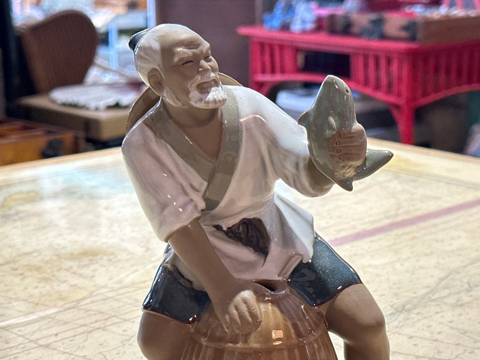 1960s' Chinese Shiwan Mudman Fisherman Porcelain Sculpture | Home Decor