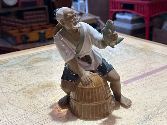 1960s' Chinese Shiwan Mudman Fisherman Porcelain Sculpture | Home Decor