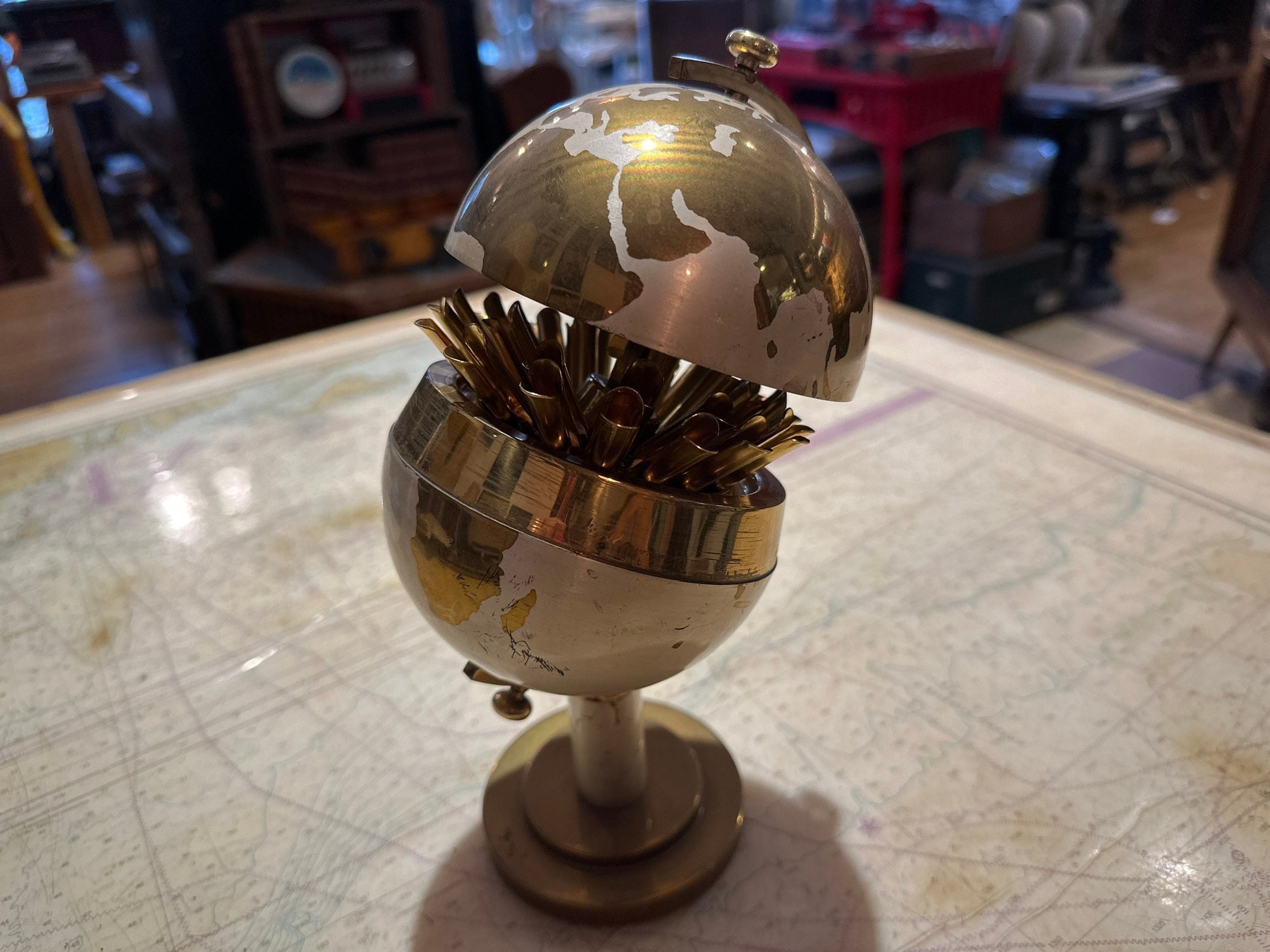 Mid-Century Steel/Brass Globe Holder & Globe Lighter | Home Decor