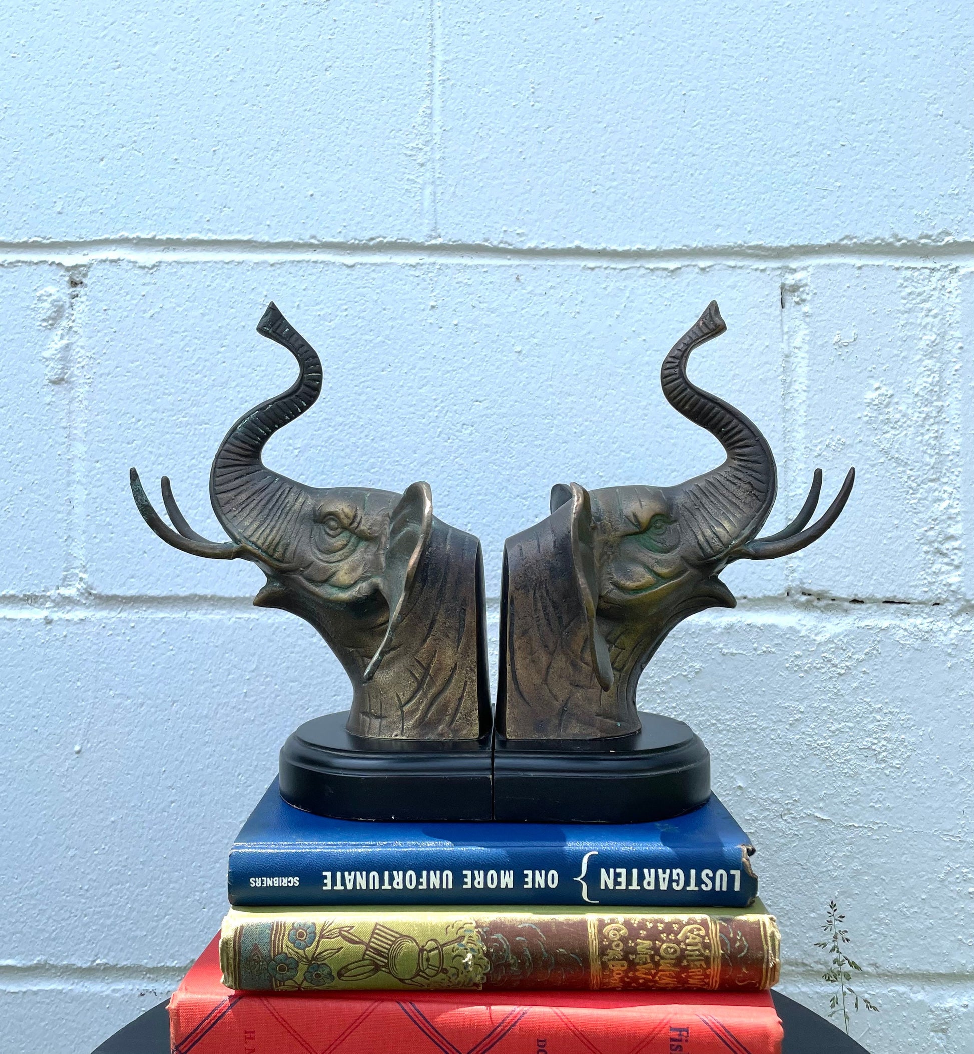 Vintage 1980s Bronze Elephant Head Bookends