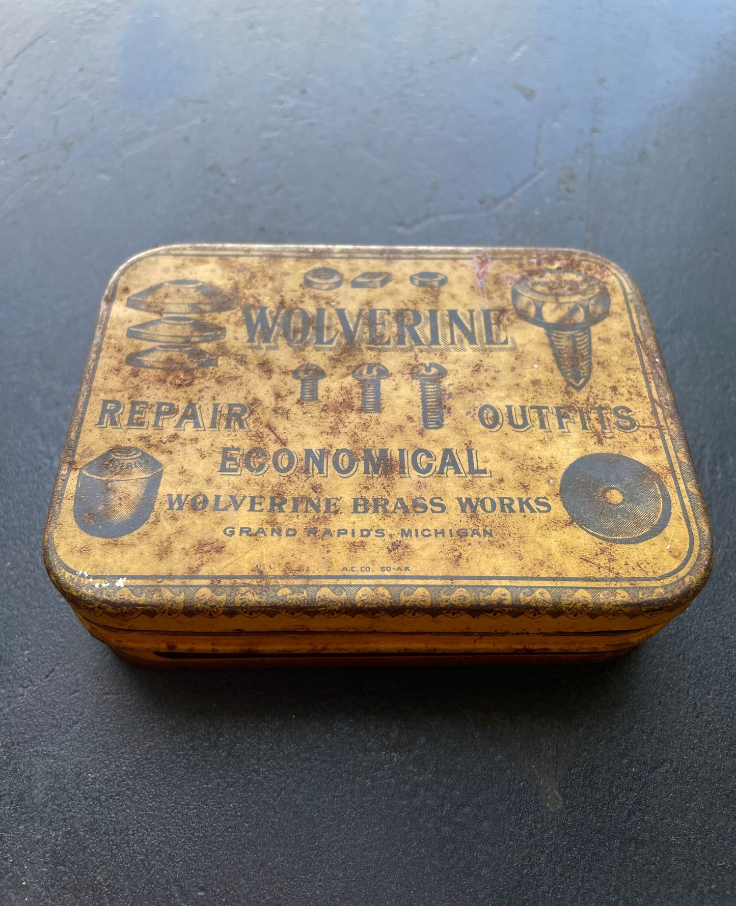 Antique 1940s Wolverine Bathroom Accesory Repair Kit Tin