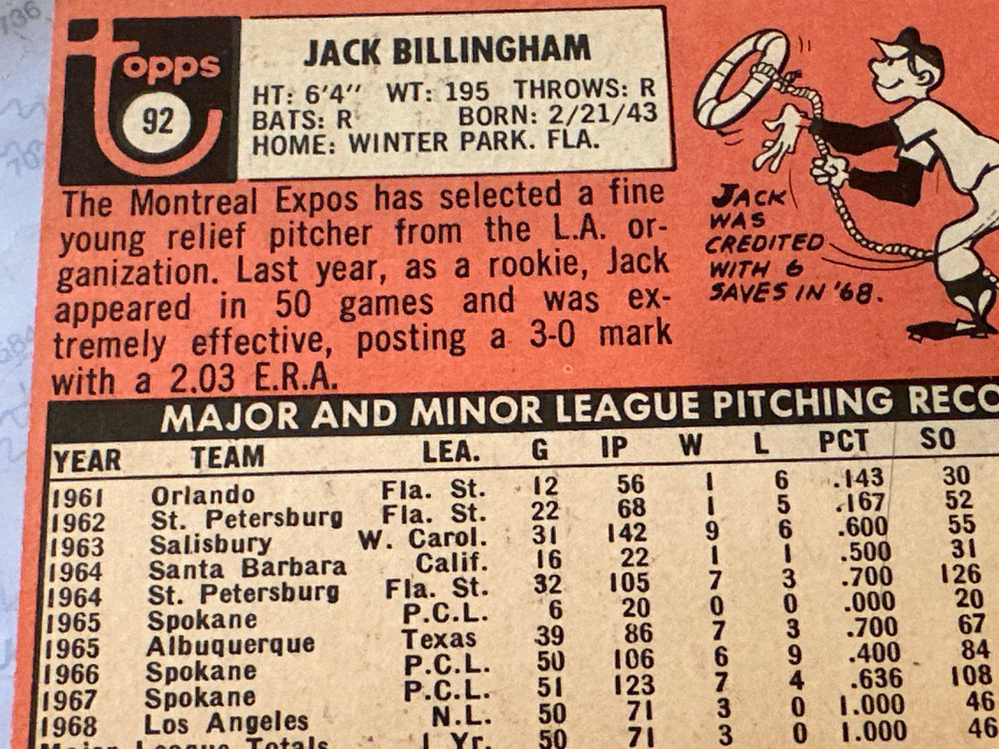 1969 Expos Jack Billingham Pitcher | Baseball Card