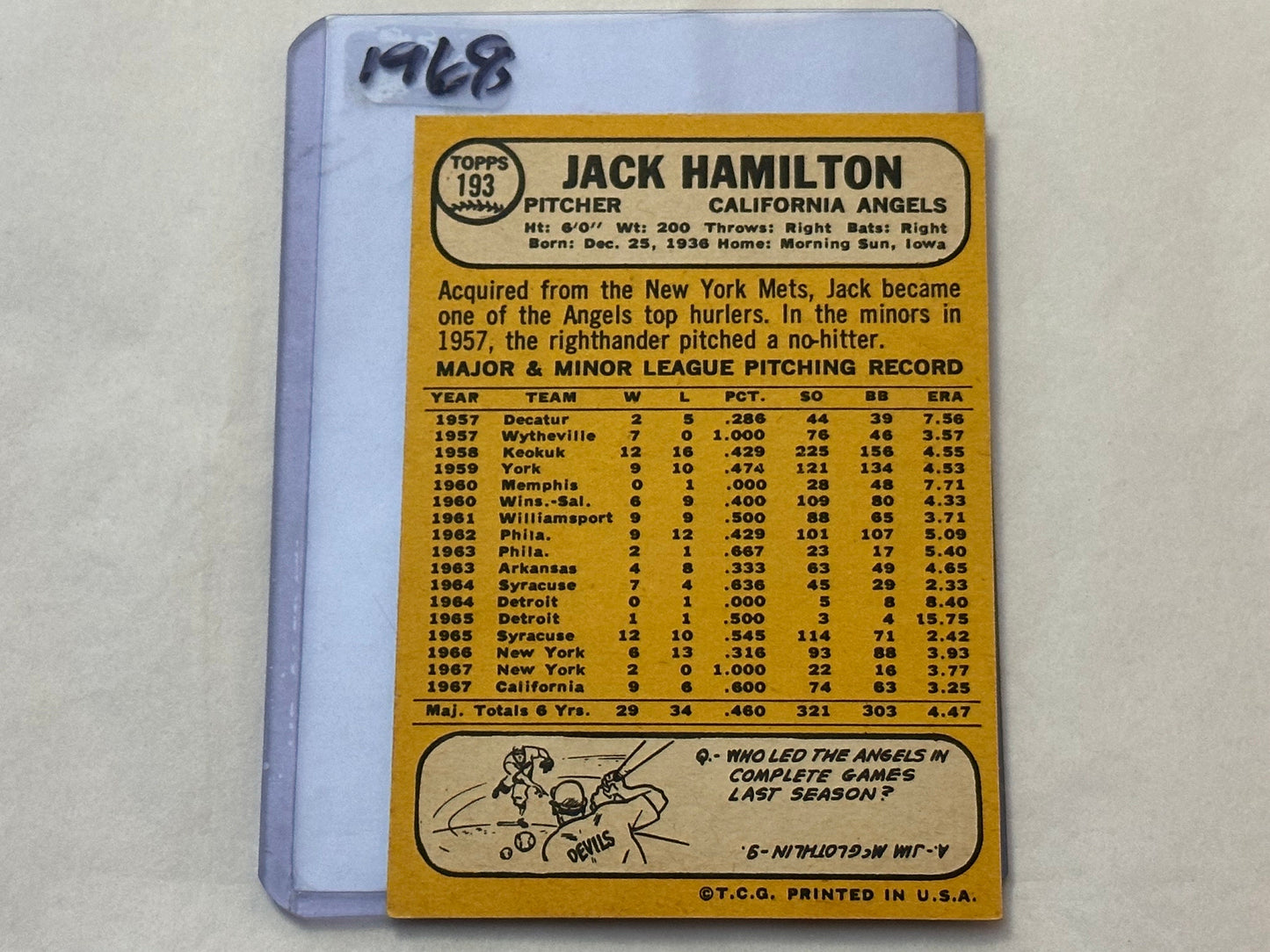 Jack Hamilton - Angels Pitcher | Baseball Card