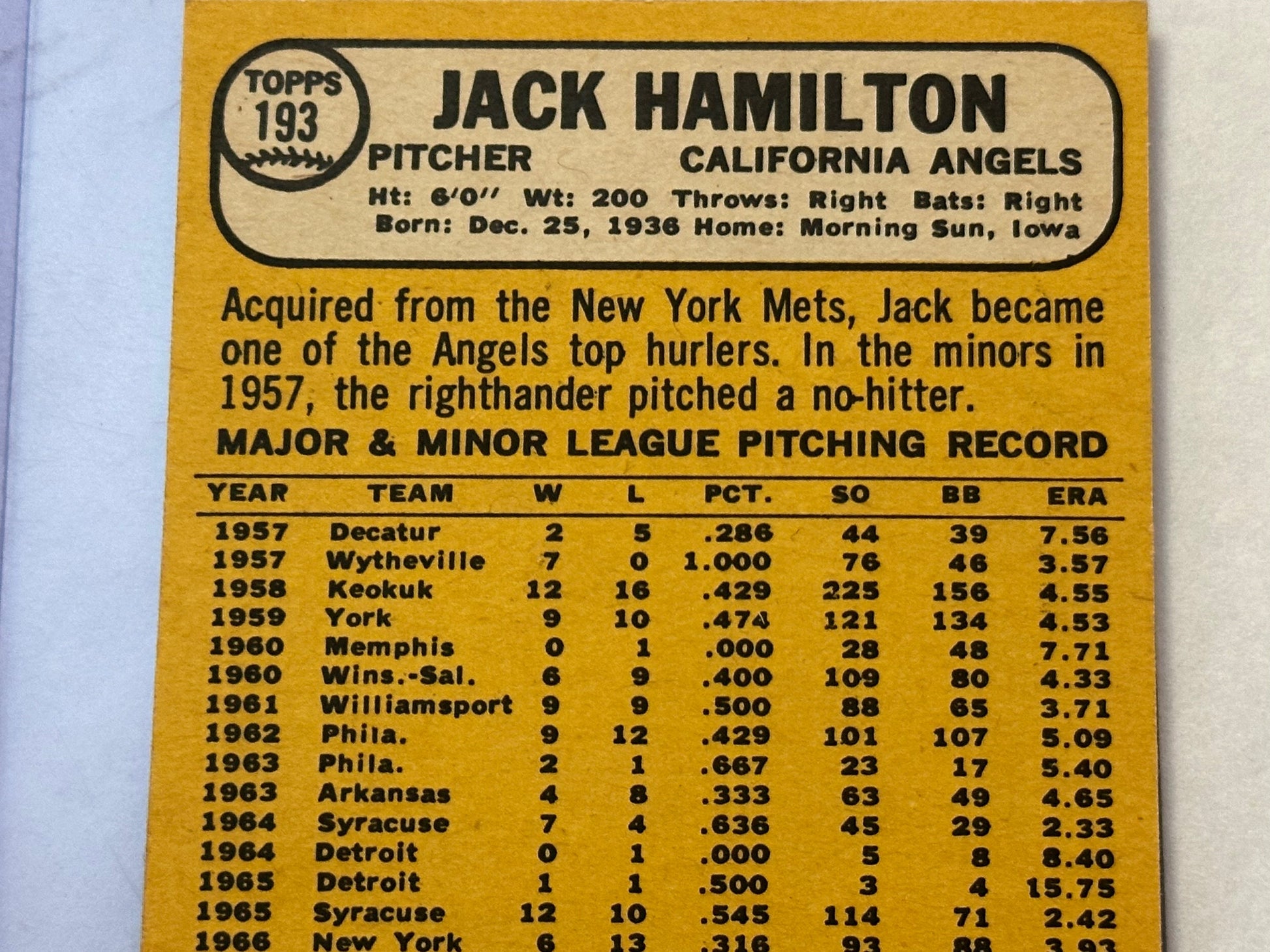 Jack Hamilton - Angels Pitcher | Baseball Card