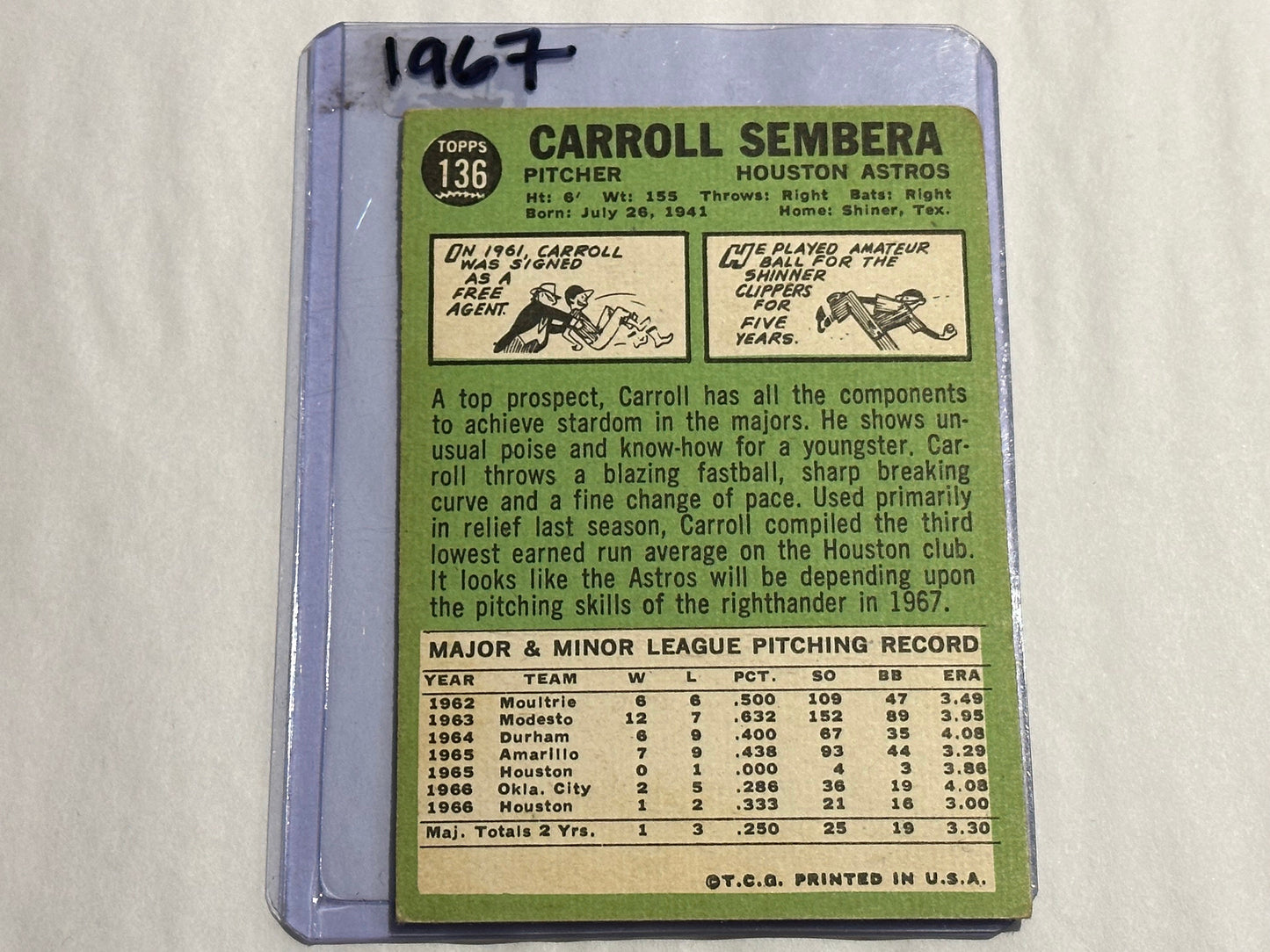 Carroll Sembera - Houston Astros - Pitcher | Baseball Card