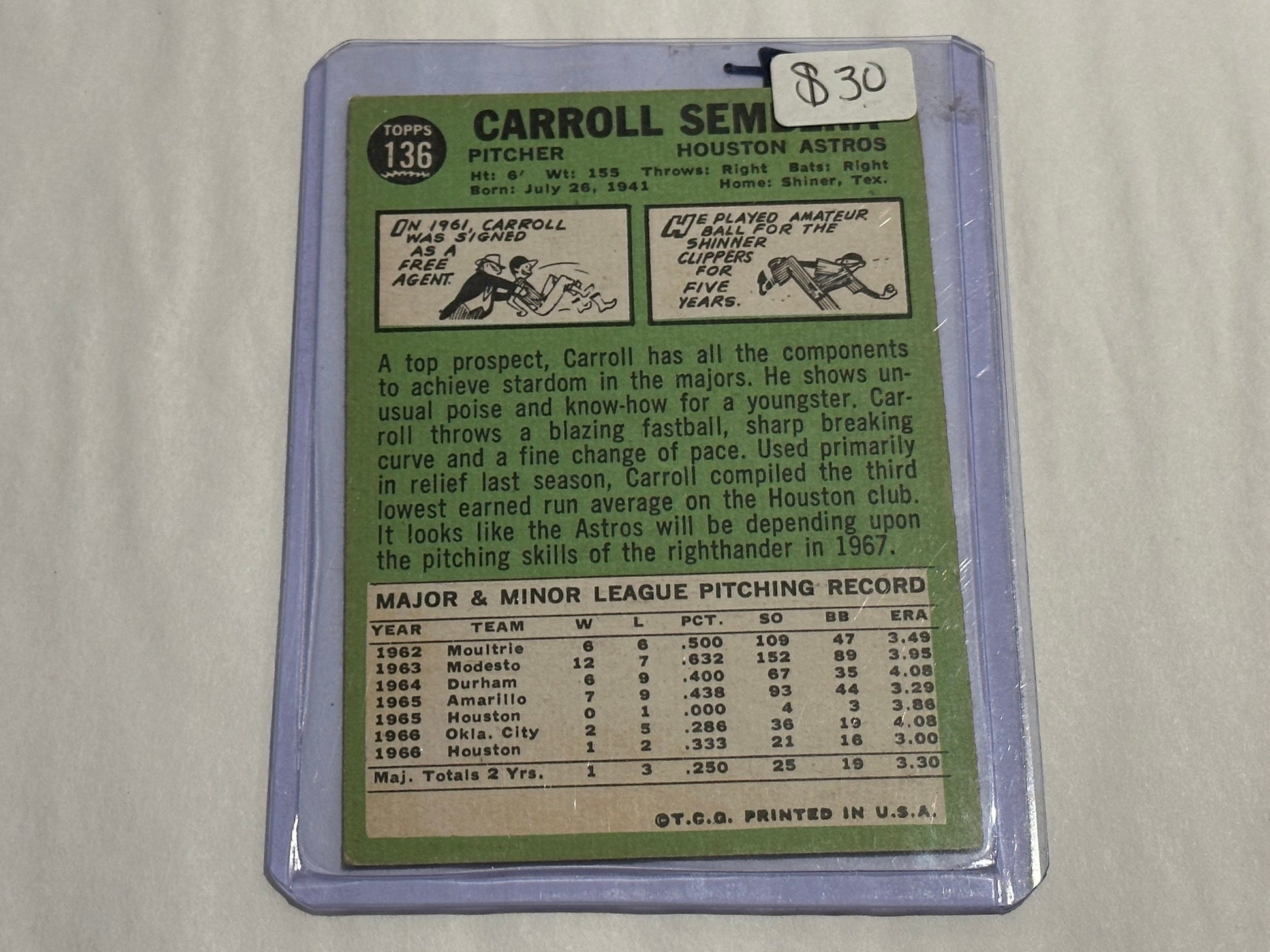 Carroll Sembera - Houston Astros - Pitcher | Baseball Card