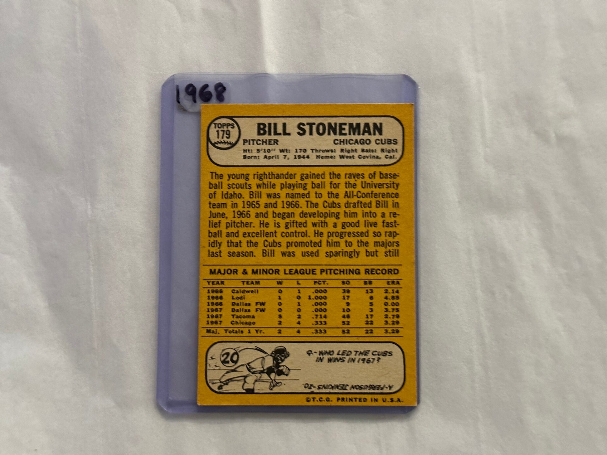 Bill Stoneman - Chicago Cubs Pitcher | 1967 Baseball Card