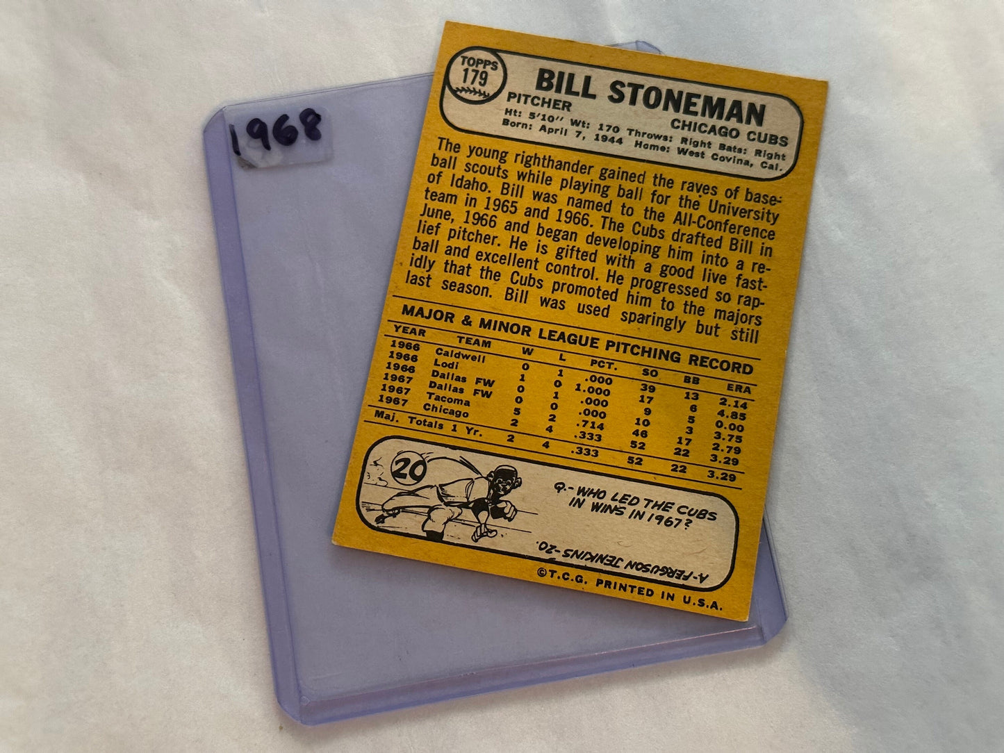 Bill Stoneman - Chicago Cubs Pitcher | 1967 Baseball Card