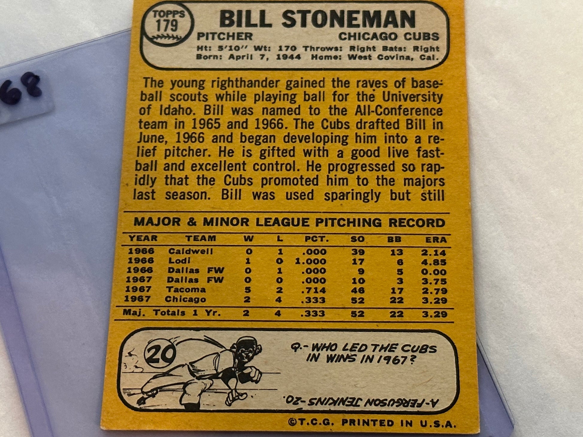 Bill Stoneman - Chicago Cubs Pitcher | 1967 Baseball Card