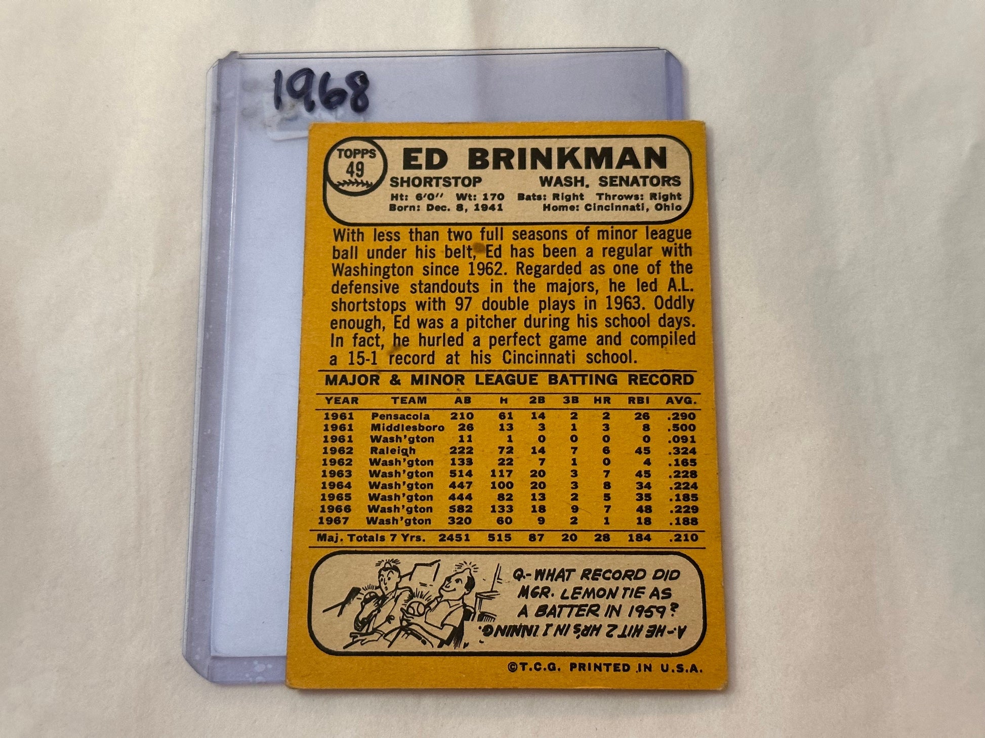 Ed Brinkman - Washington Senators Shortstop | 1968 Baseball Card