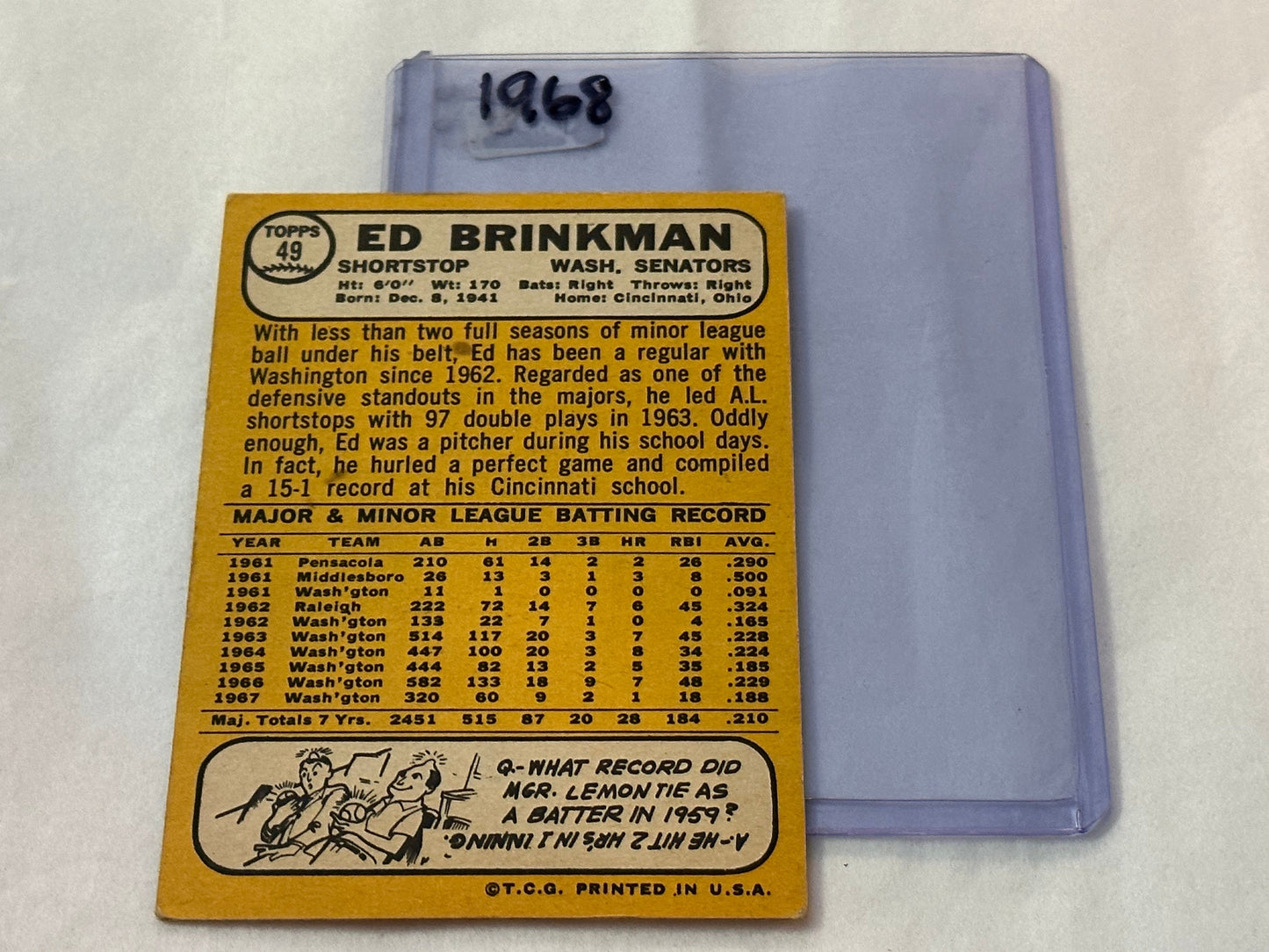 Ed Brinkman - Washington Senators Shortstop | 1968 Baseball Card