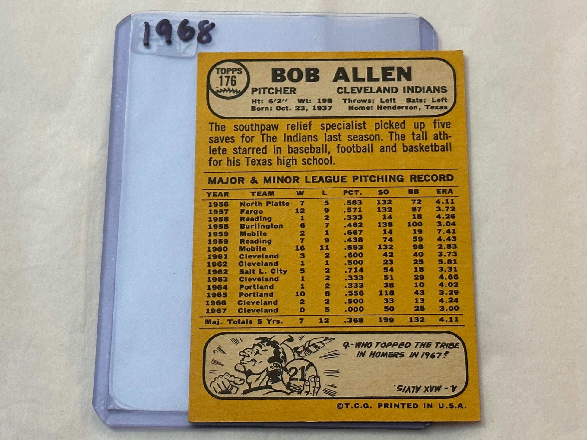 Bob Allen - Cleveland Indians Pitcher | 1968 Baseball Card