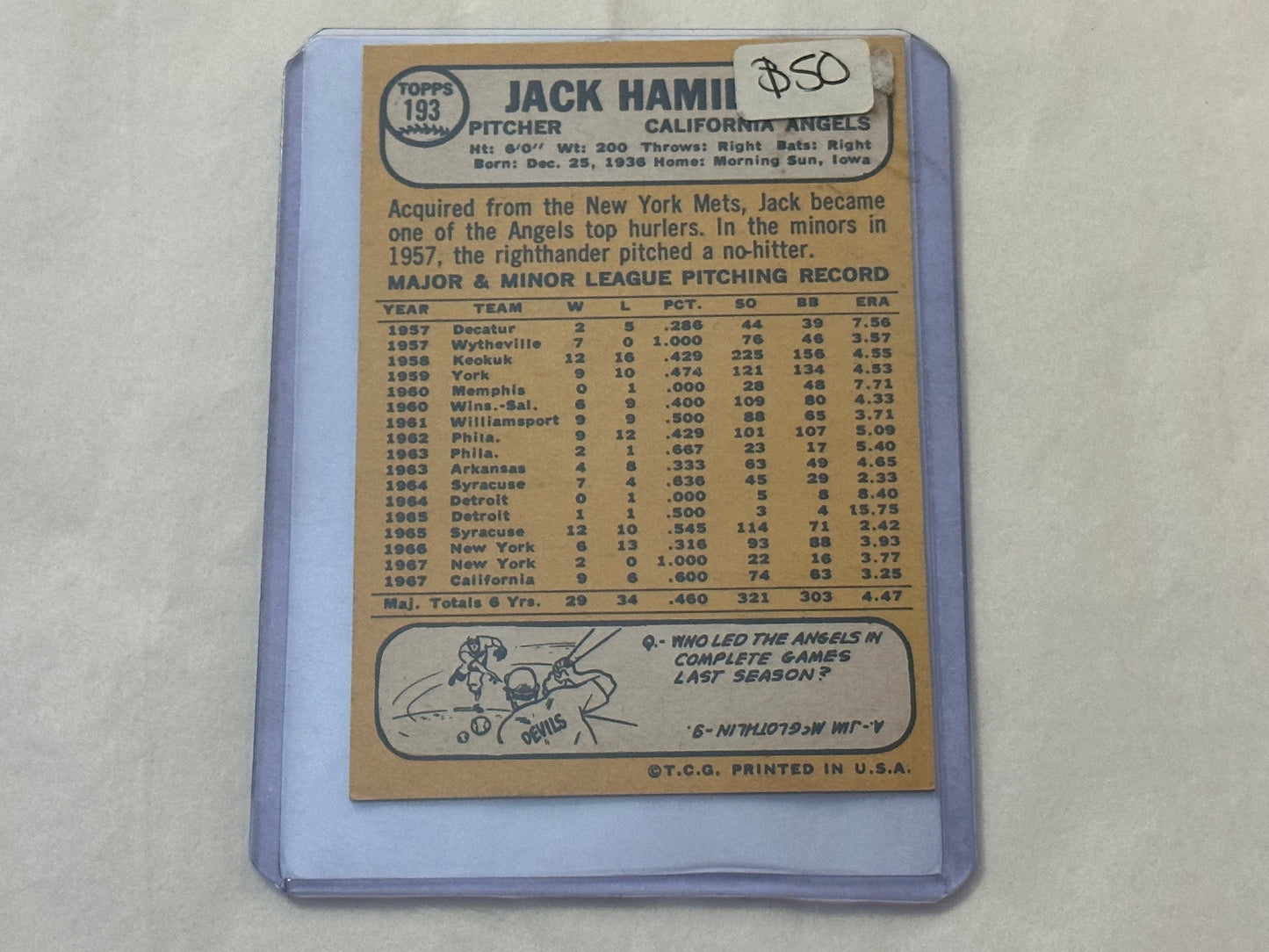 Jack Hamilton - Angels Pitcher | Baseball Card