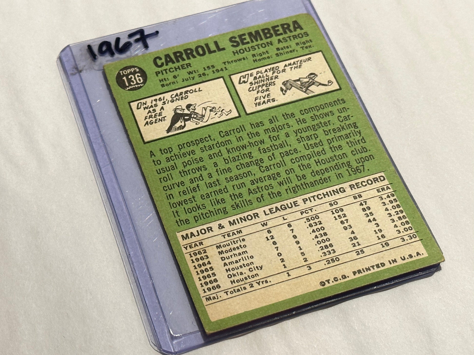 Carroll Sembera - Houston Astros - Pitcher | Baseball Card