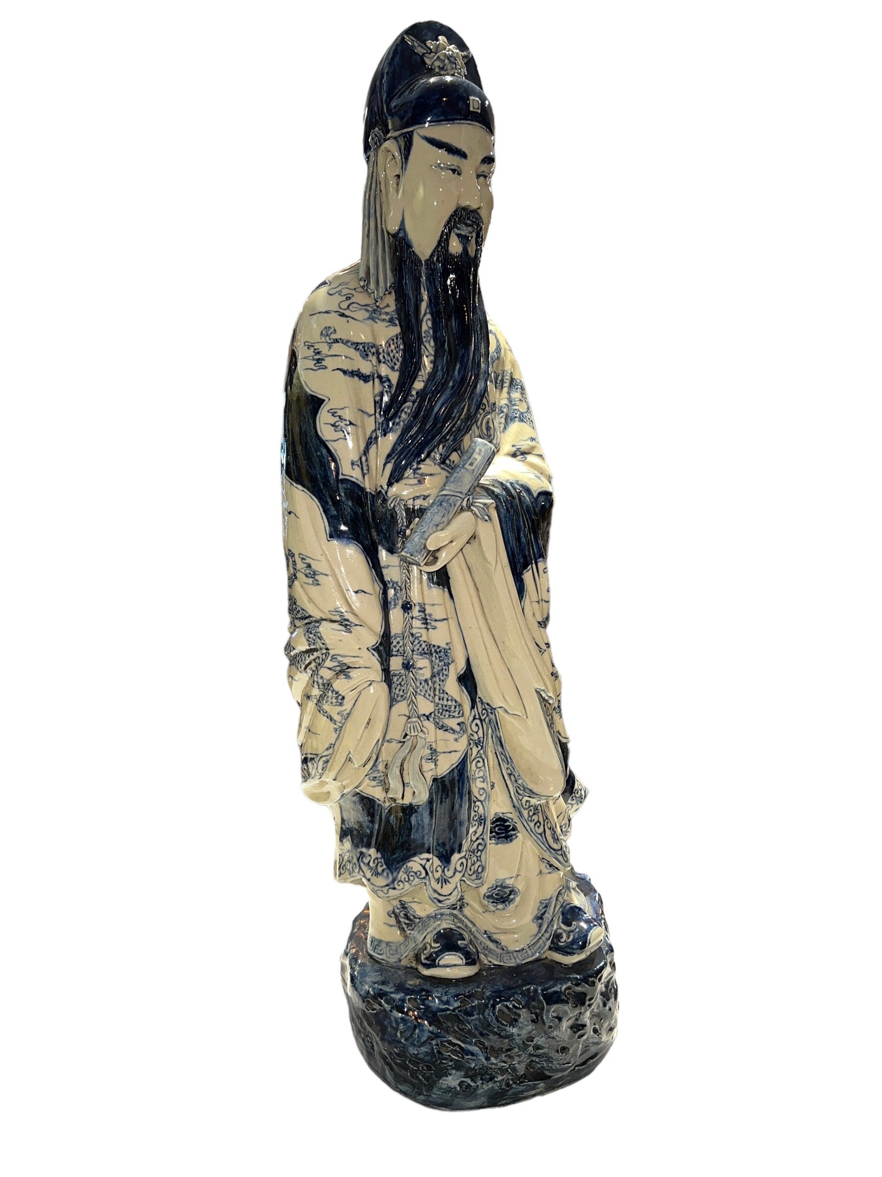 Large Porcelain Longevity Statue | Blue & White Painted Porcelain Asian Chinese | Antique Chinese Sculpture | Home Decor