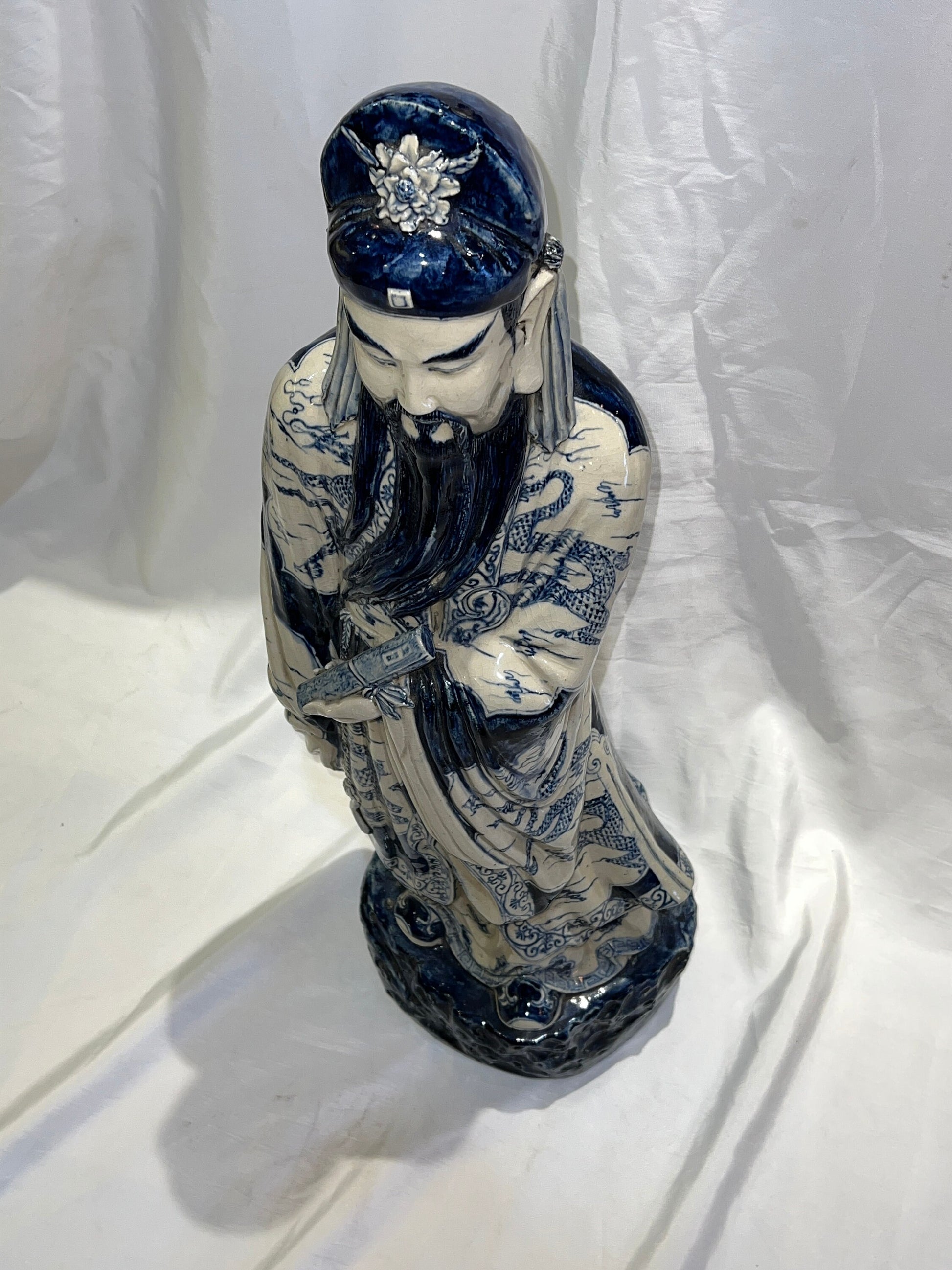 Large Porcelain Longevity Statue | Blue & White Painted Porcelain Asian Chinese | Antique Chinese Sculpture | Home Decor