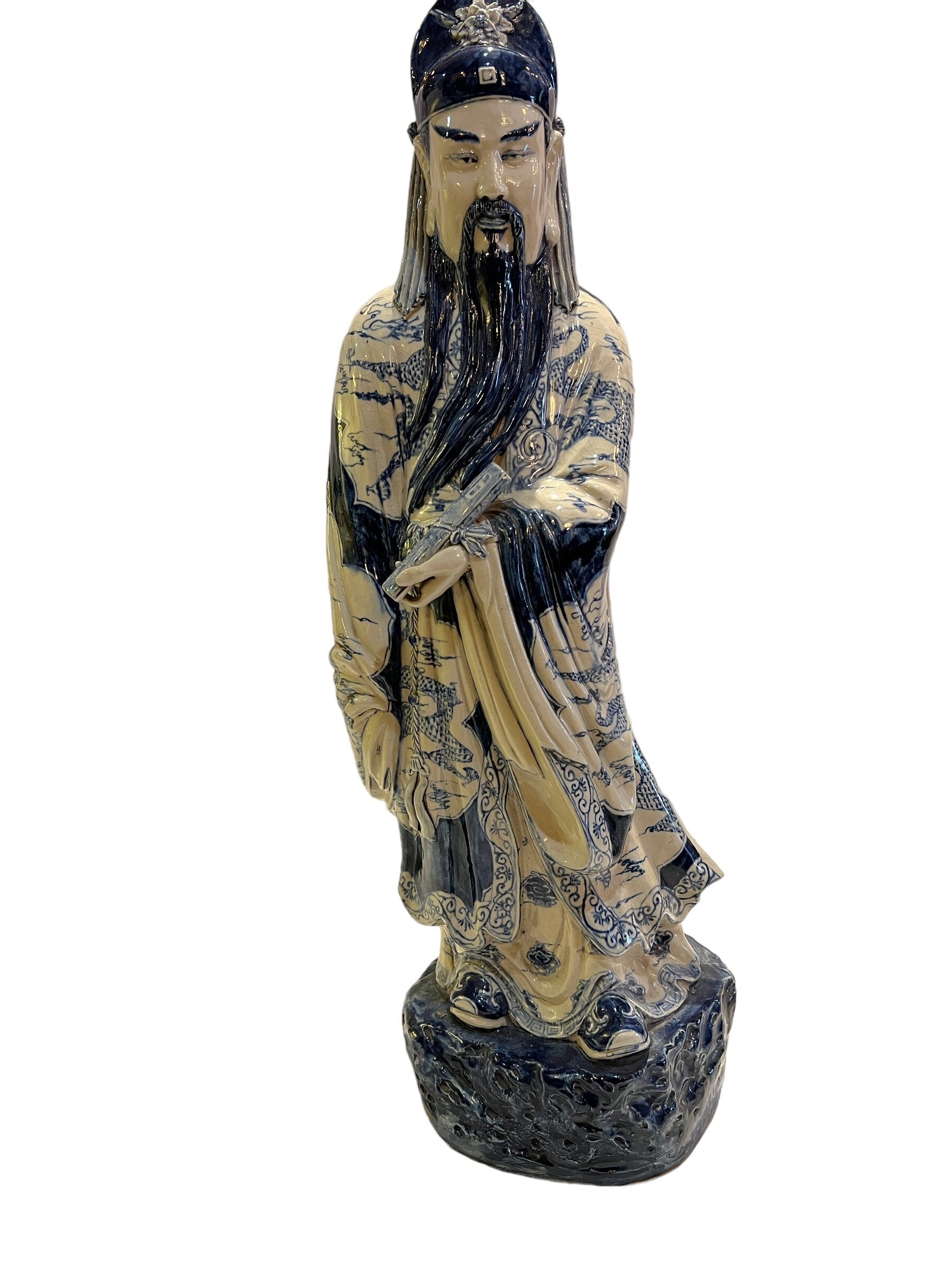 Large Porcelain Longevity Statue | Blue & White Painted Porcelain Asian Chinese | Antique Chinese Sculpture | Home Decor