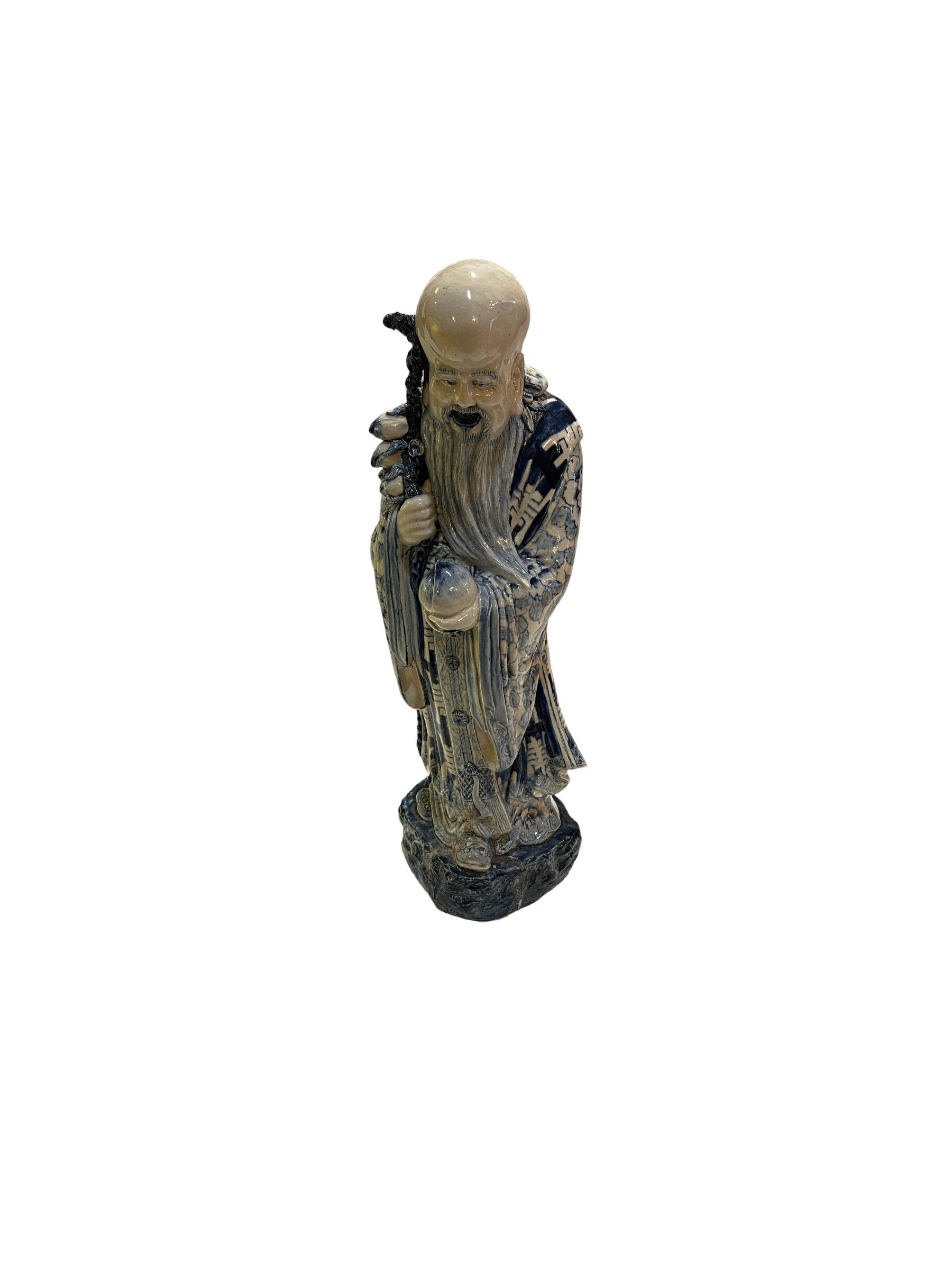 Large Porcelain Longevity Statue | Blue & White Painted Porcelain Asian Chinese | Antique Chinese Sculpture | Home Decor