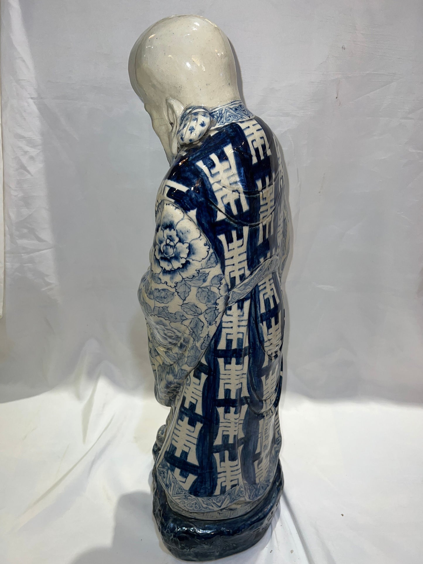 Large Porcelain Longevity Statue | Blue & White Painted Porcelain Asian Chinese | Antique Chinese Sculpture | Home Decor