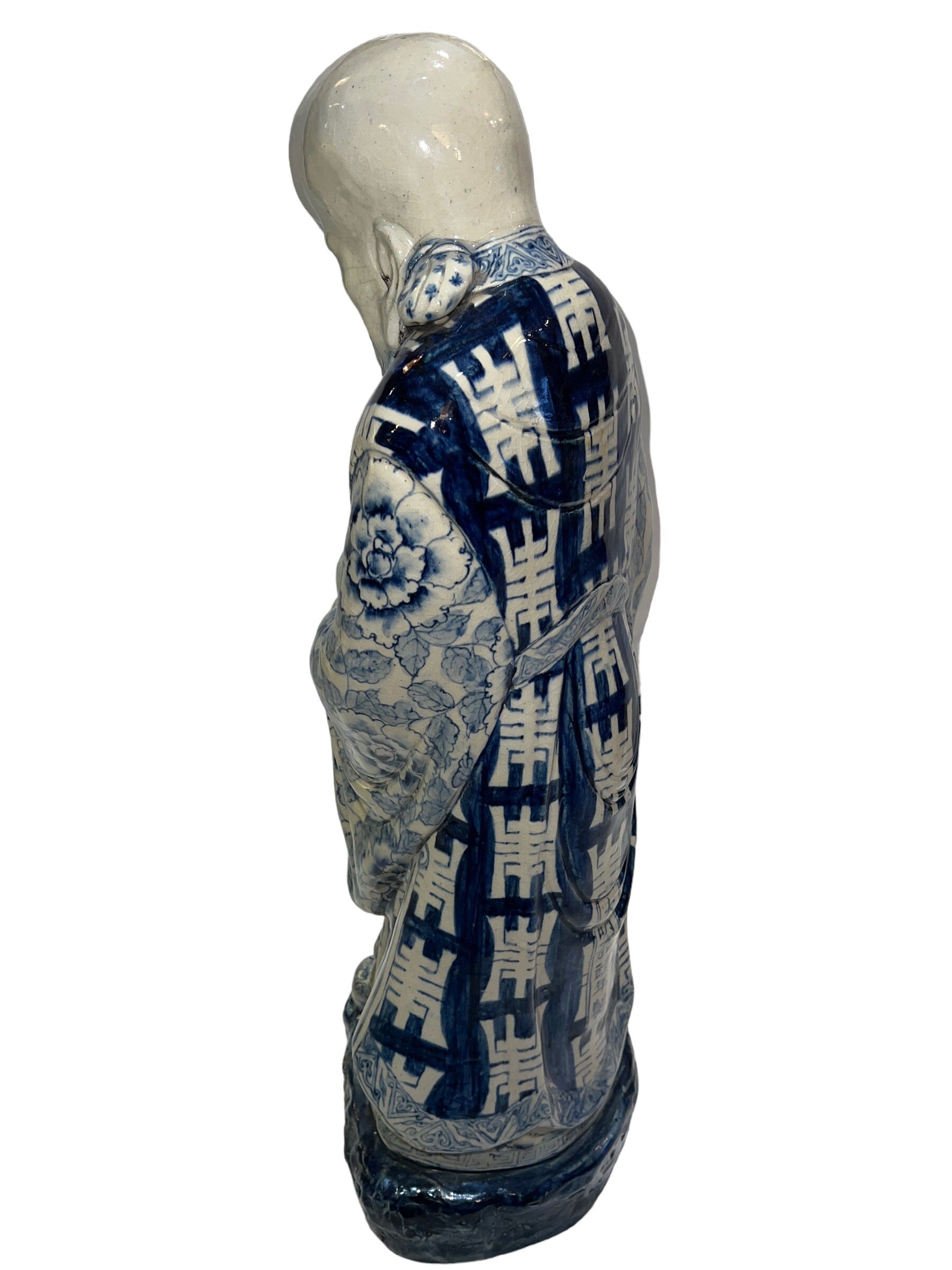 Large Porcelain Longevity Statue | Blue & White Painted Porcelain Asian Chinese | Antique Chinese Sculpture | Home Decor