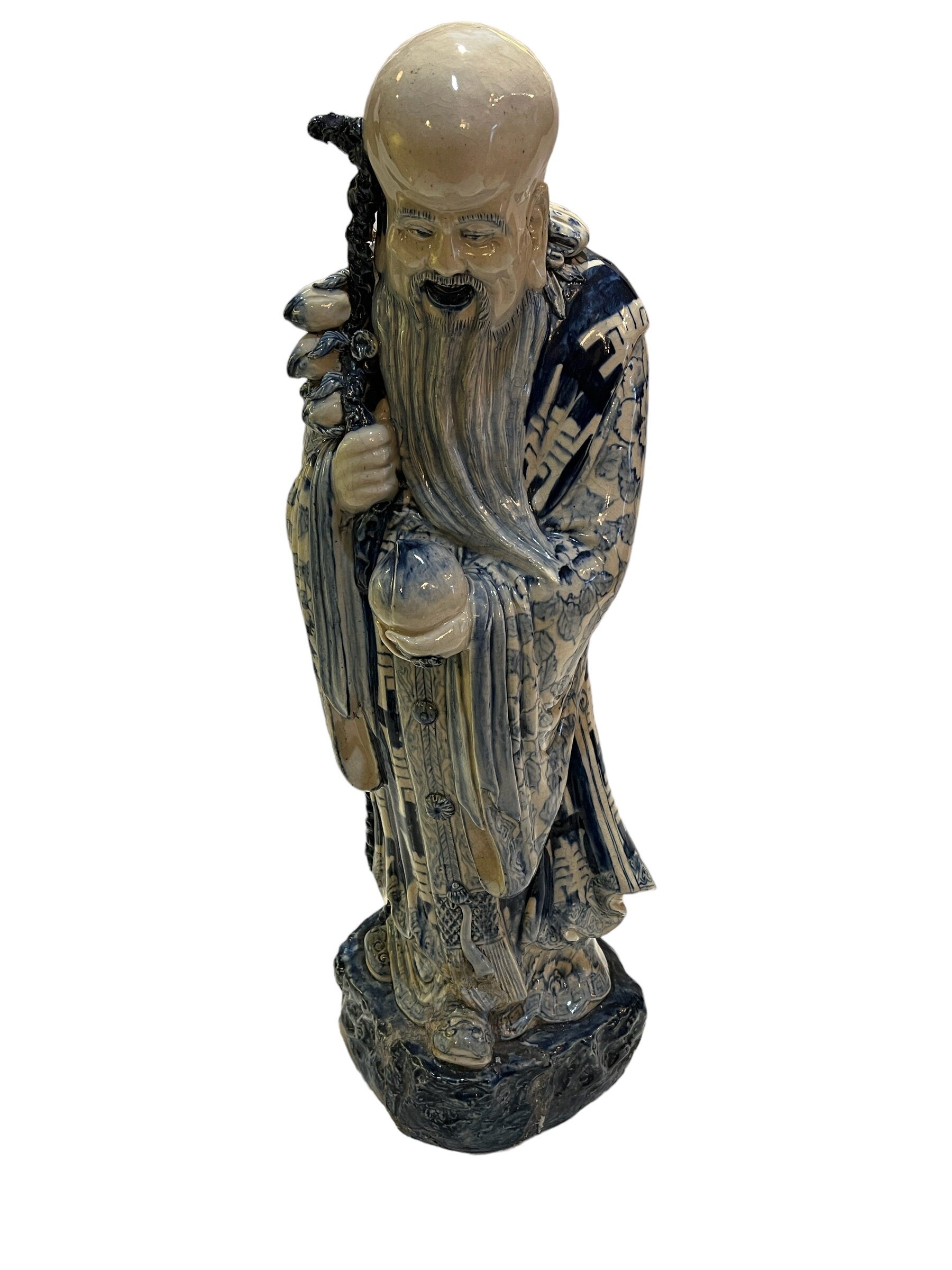 Large Porcelain Longevity Statue | Blue & White Painted Porcelain Asian Chinese | Antique Chinese Sculpture | Home Decor