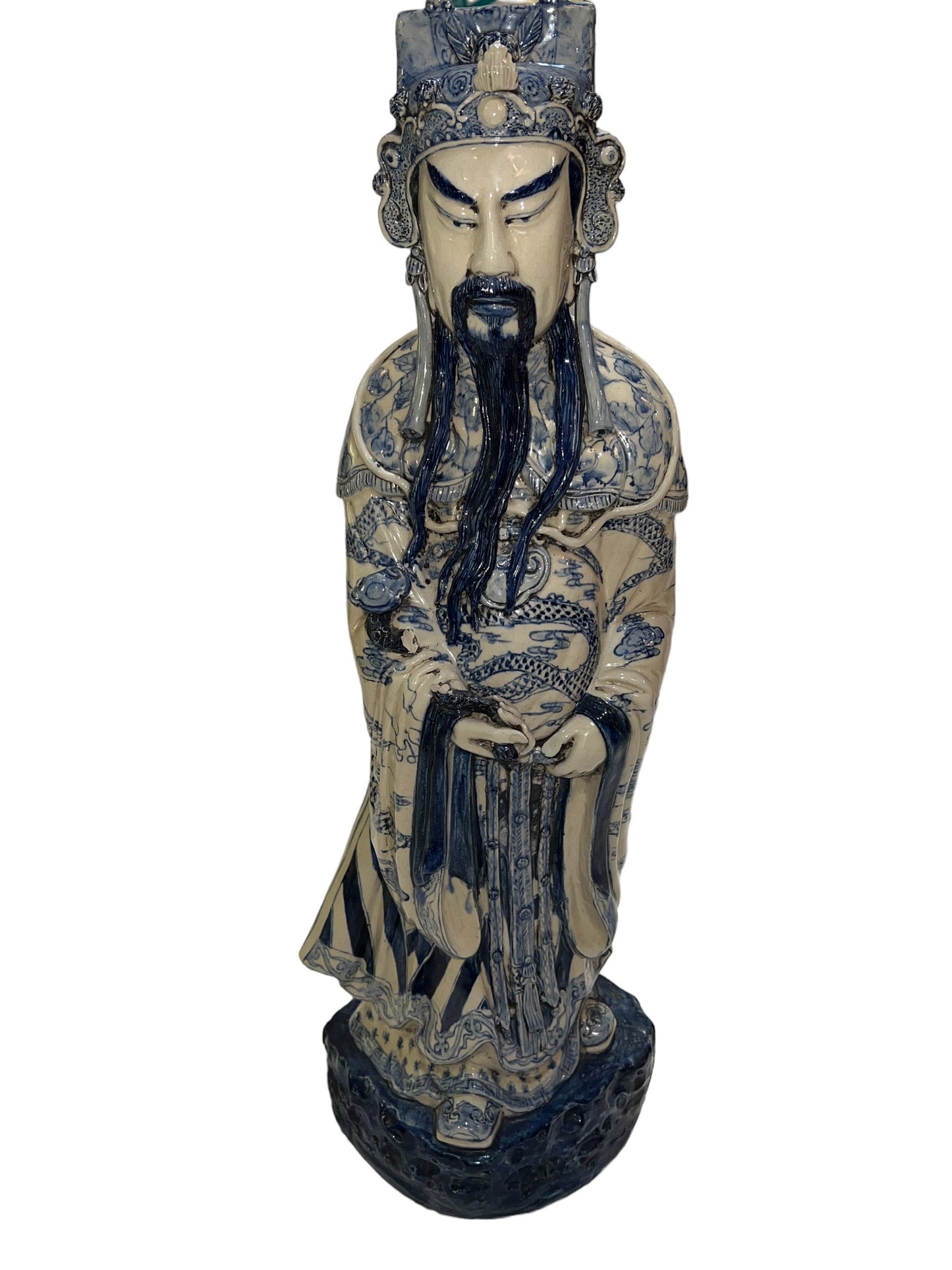 Large Porcelain Longevity Statue | Blue & White Painted Porcelain Asian Chinese | Antique Chinese Sculpture | Home Decor