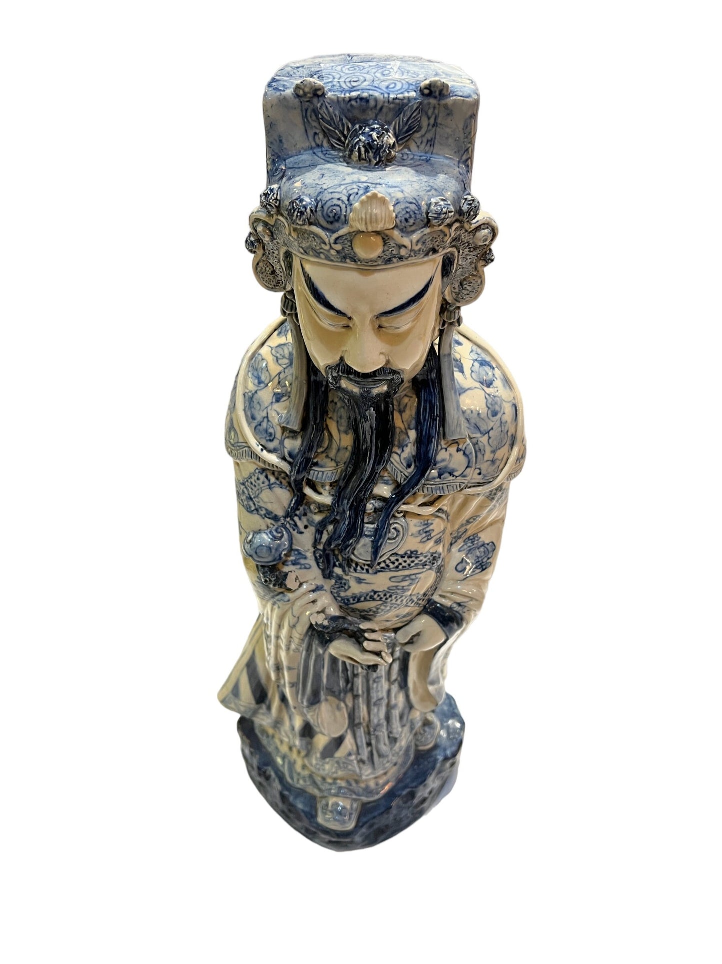 Large Porcelain Longevity Statue | Blue & White Painted Porcelain Asian Chinese | Antique Chinese Sculpture | Home Decor