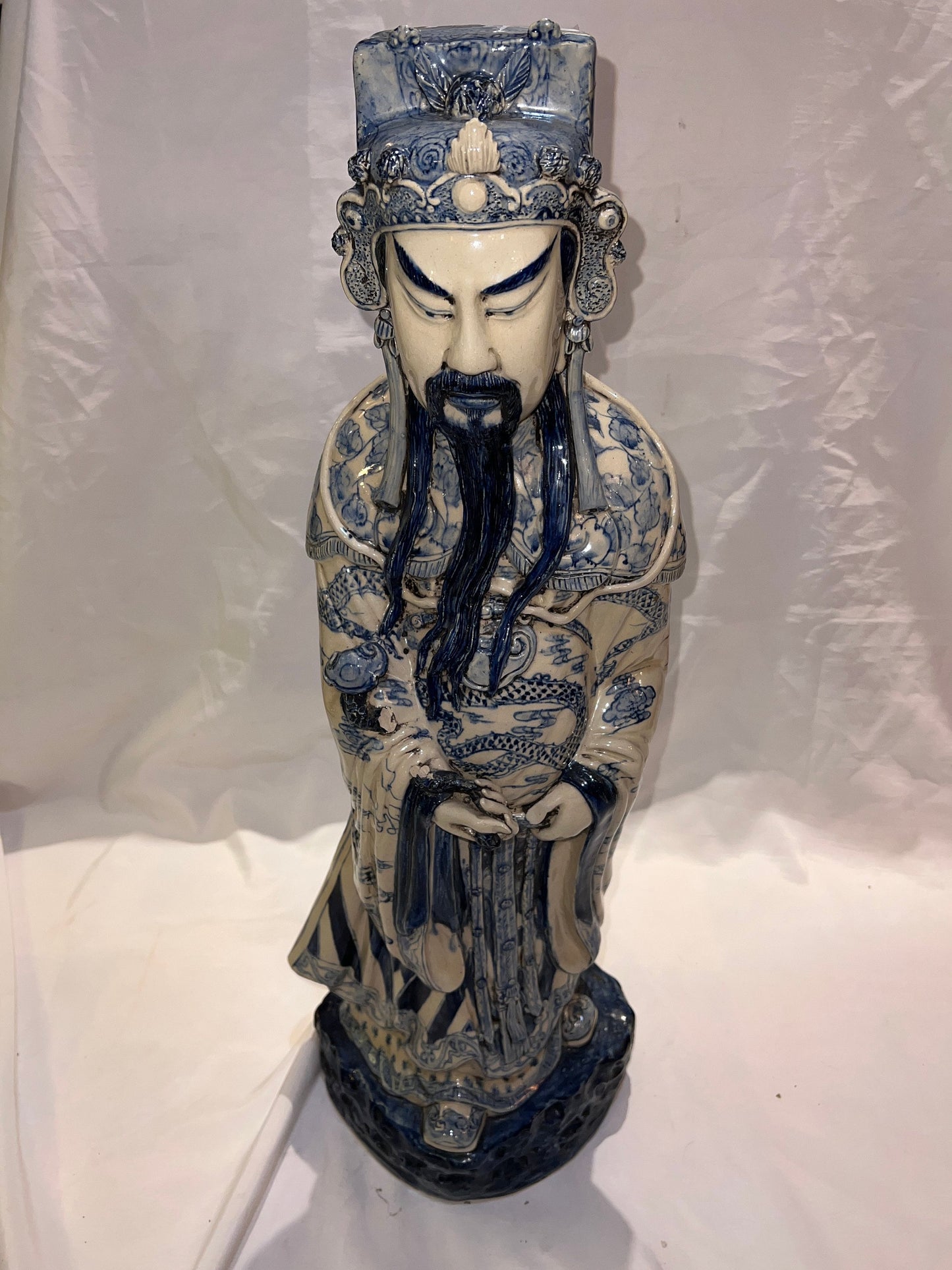 Large Porcelain Longevity Statue | Blue & White Painted Porcelain Asian Chinese | Antique Chinese Sculpture | Home Decor