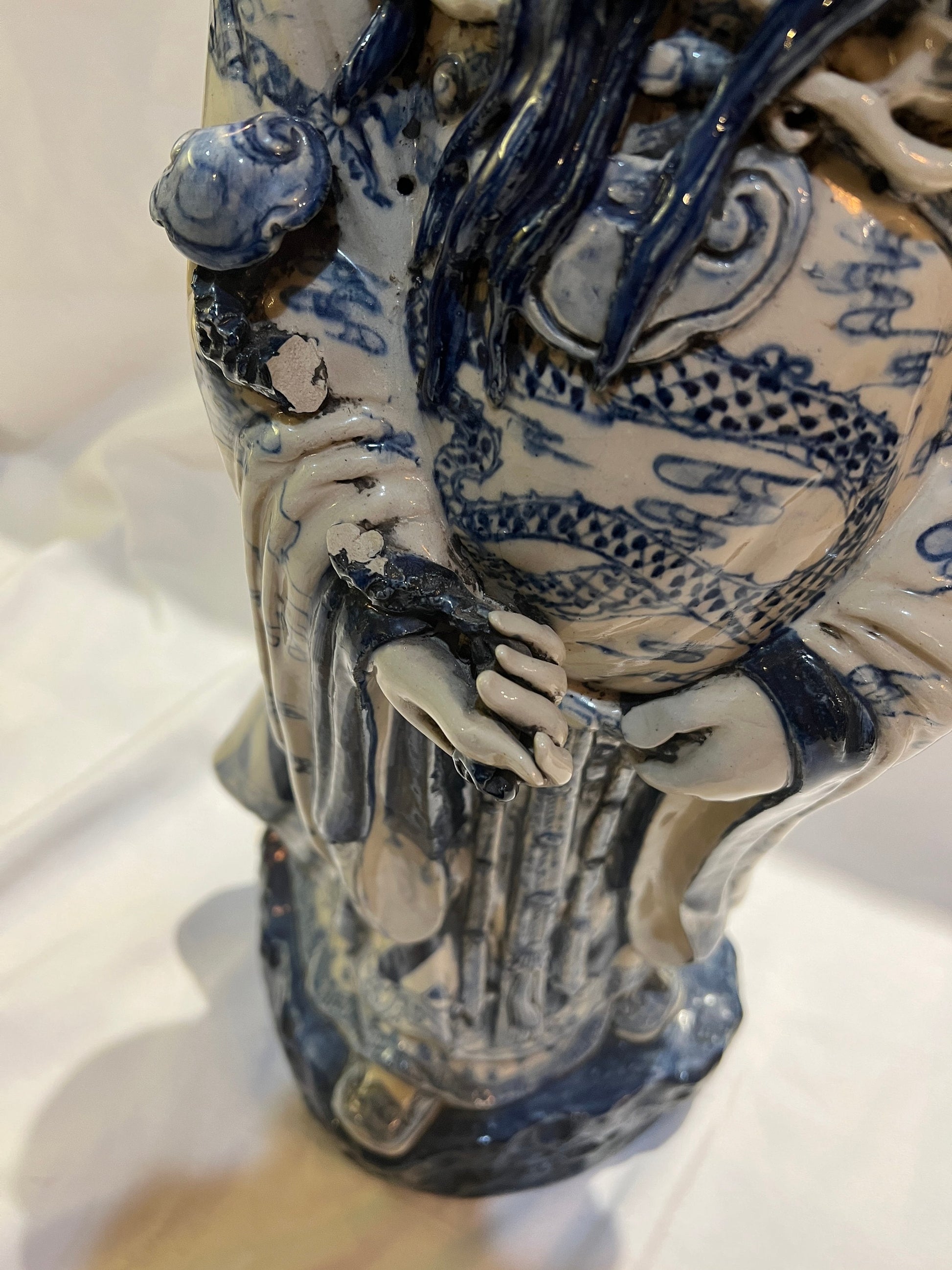 Large Porcelain Longevity Statue | Blue & White Painted Porcelain Asian Chinese | Antique Chinese Sculpture | Home Decor