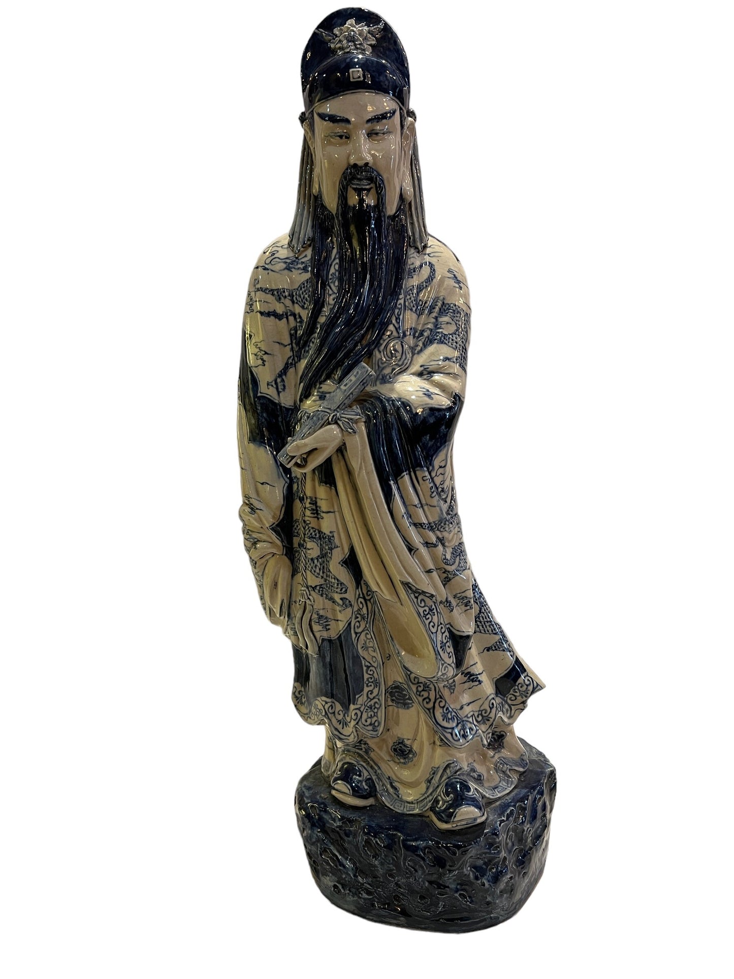 Large Porcelain Longevity Statue | Blue & White Painted Porcelain Asian Chinese | Antique Chinese Sculpture | Home Decor