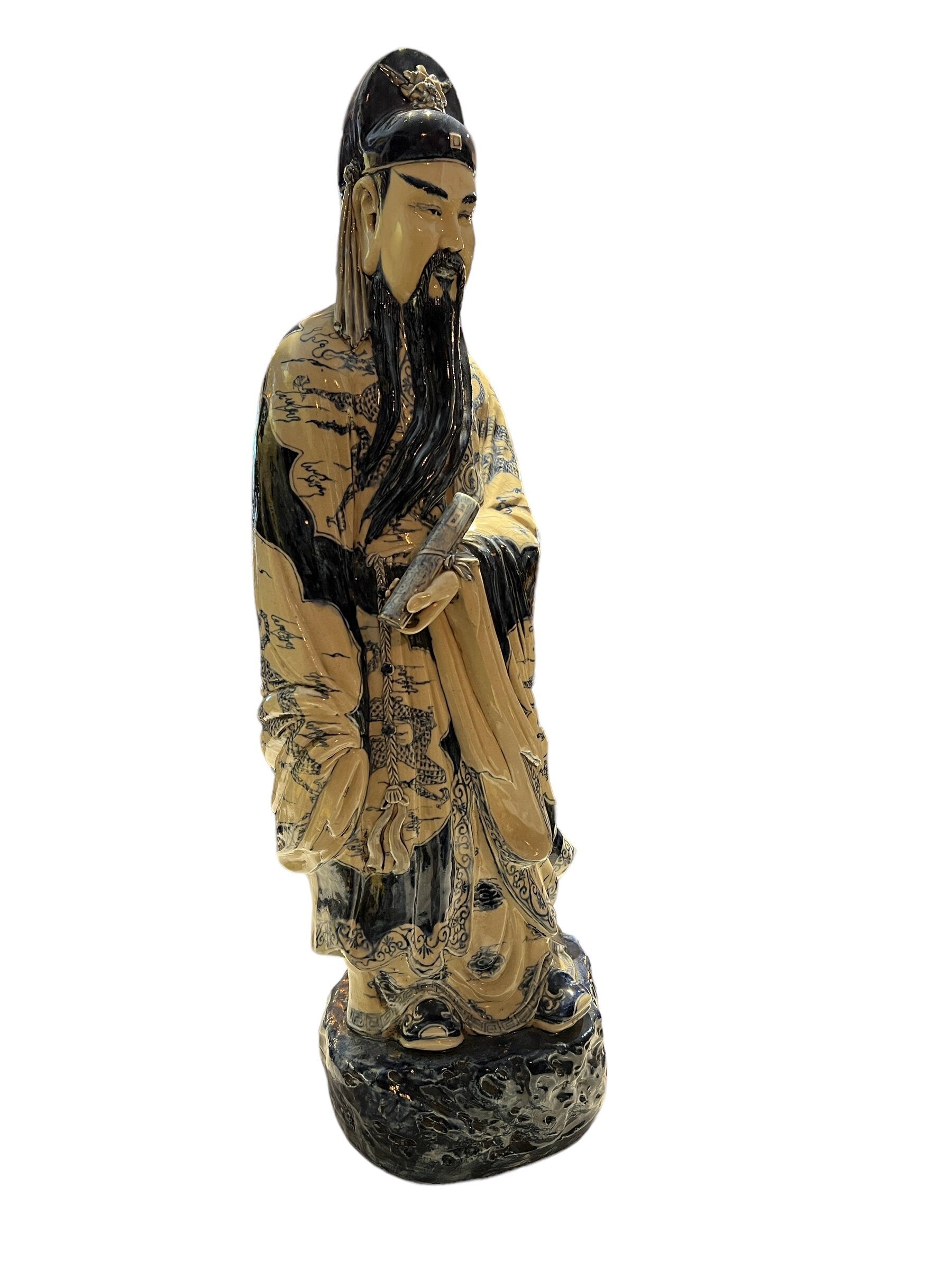 Large Porcelain Longevity Statue | Blue & White Painted Porcelain Asian Chinese | Antique Chinese Sculpture | Home Decor