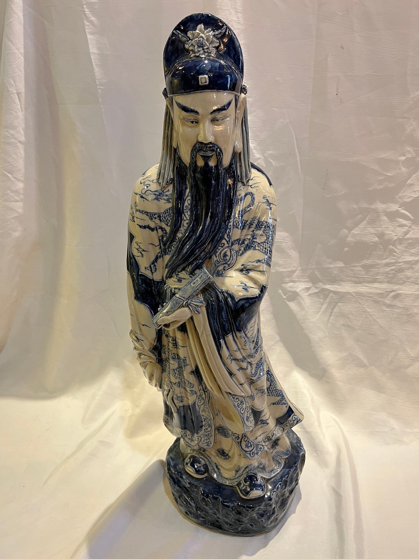 Large Porcelain Longevity Statue | Blue & White Painted Porcelain Asian Chinese | Antique Chinese Sculpture | Home Decor