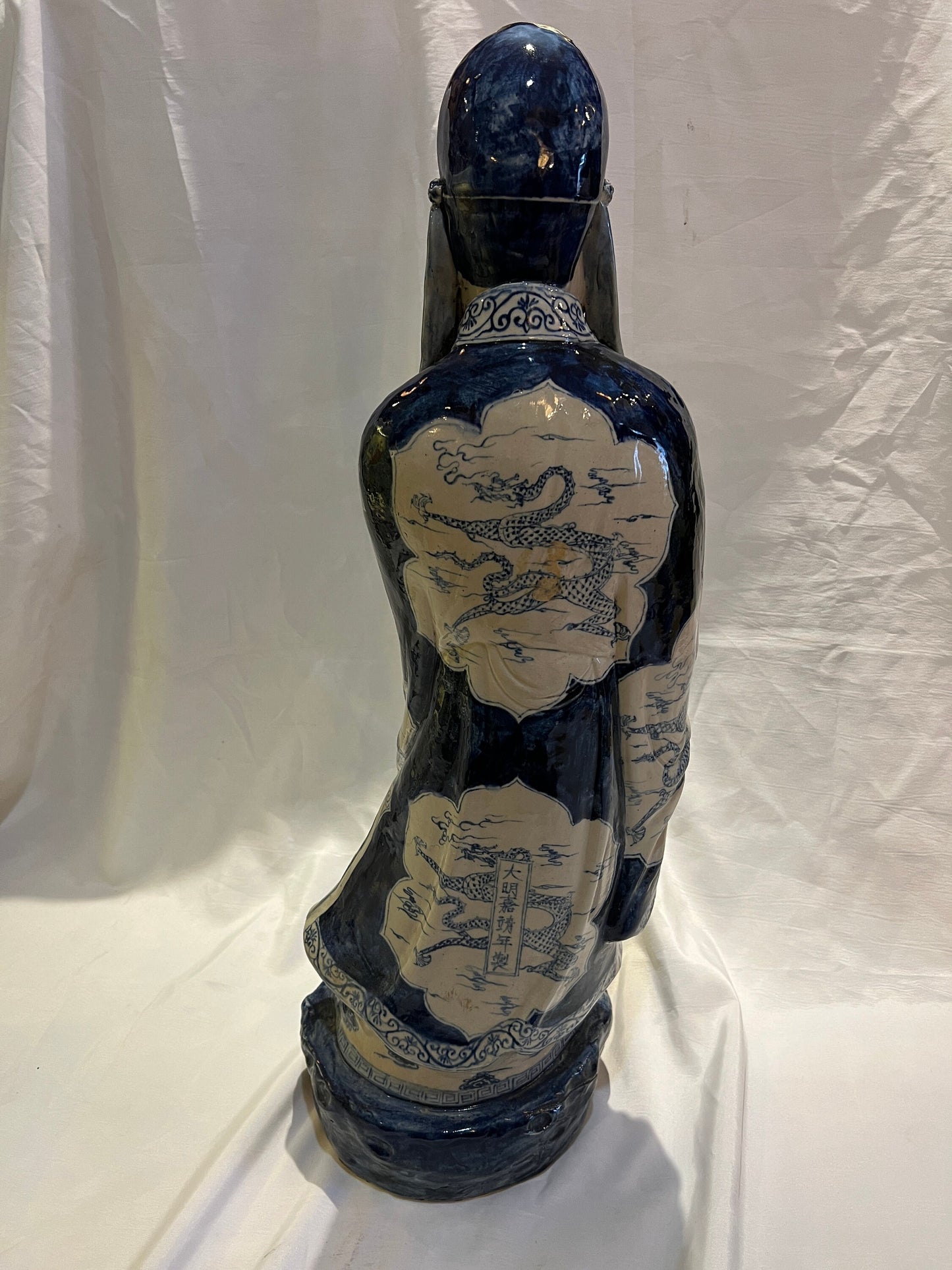 Large Porcelain Longevity Statue | Blue & White Painted Porcelain Asian Chinese | Antique Chinese Sculpture | Home Decor