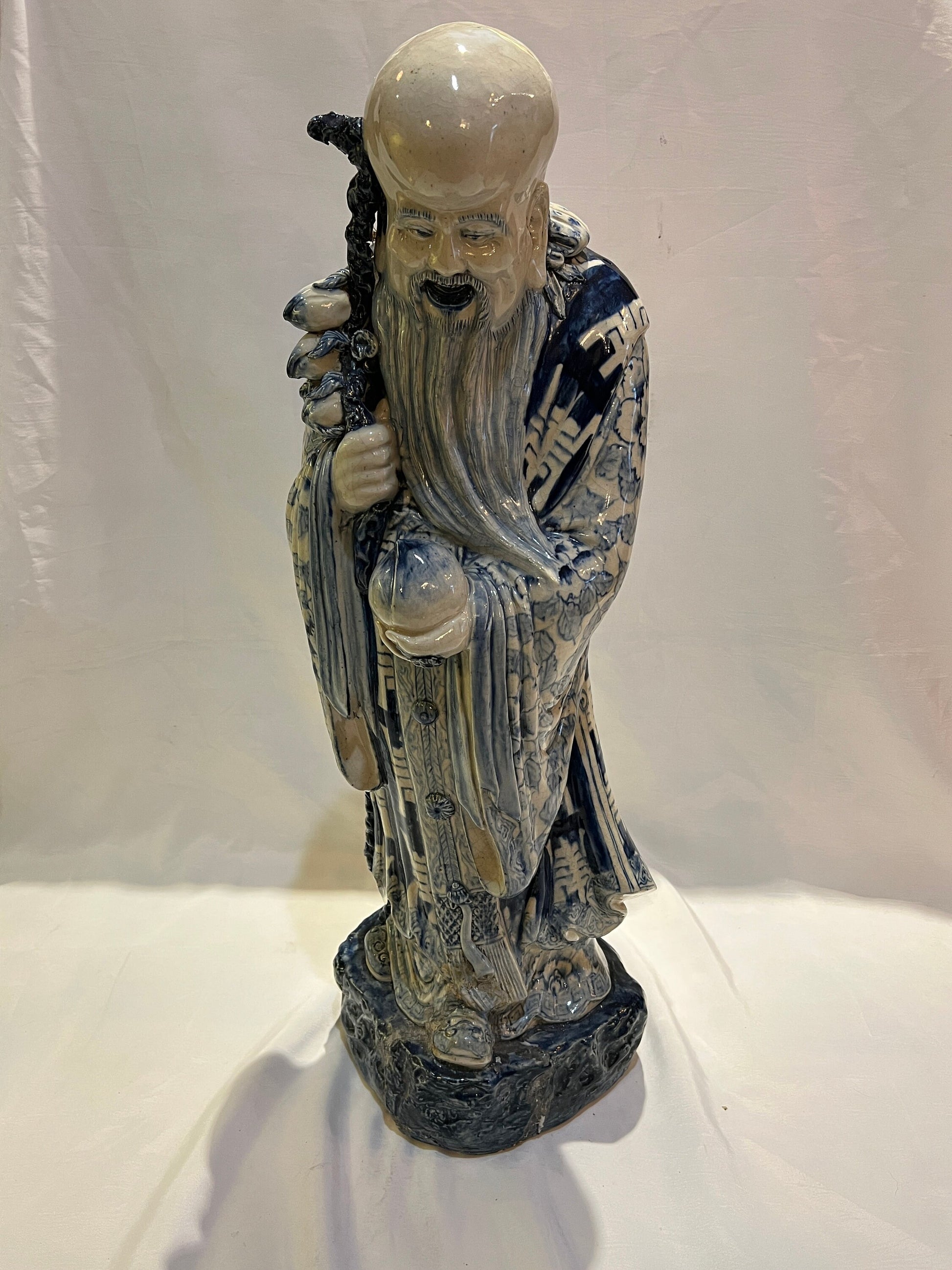 Large Porcelain Longevity Statue | Blue & White Painted Porcelain Asian Chinese | Antique Chinese Sculpture | Home Decor