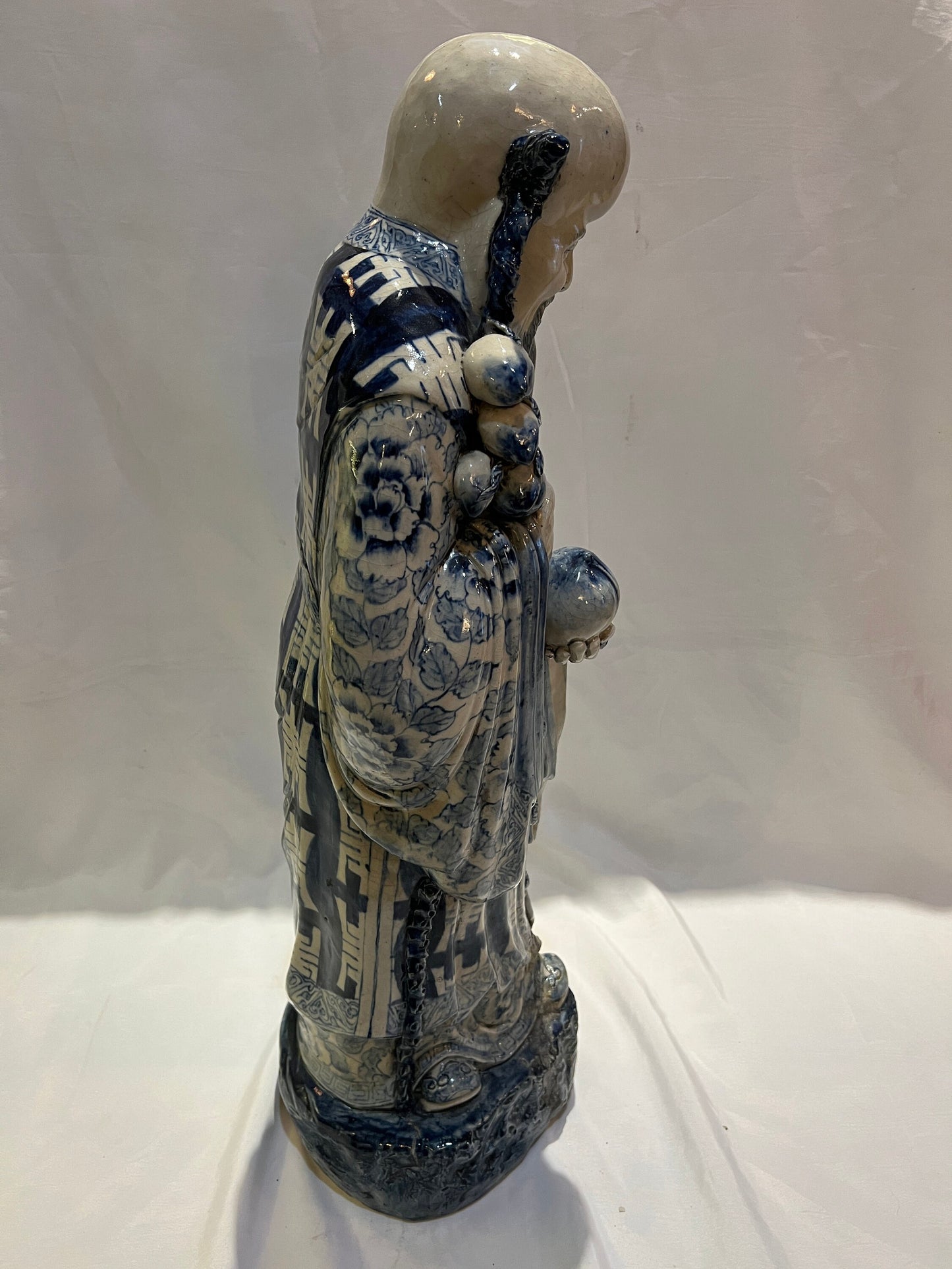 Large Porcelain Longevity Statue | Blue & White Painted Porcelain Asian Chinese | Antique Chinese Sculpture | Home Decor