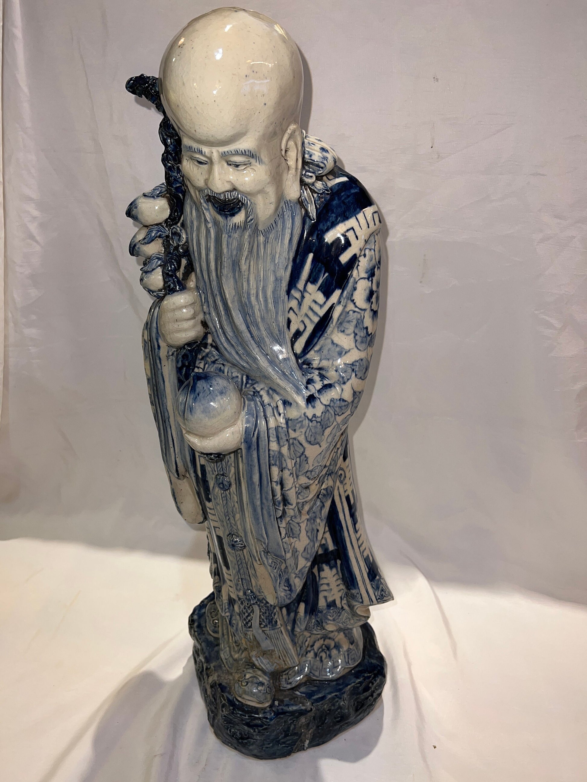 Large Porcelain Longevity Statue | Blue & White Painted Porcelain Asian Chinese | Antique Chinese Sculpture | Home Decor