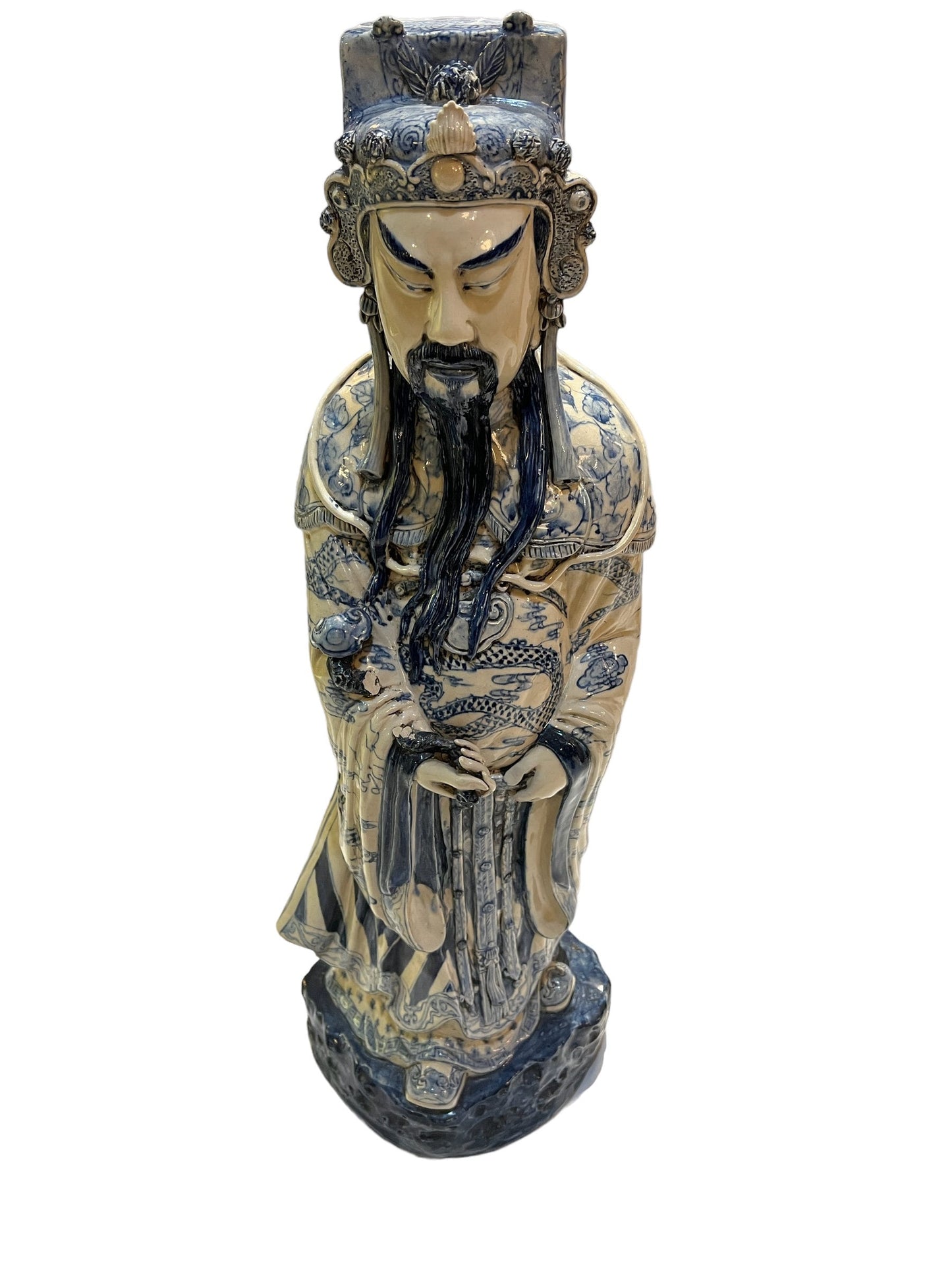 Large Porcelain Longevity Statue | Blue & White Painted Porcelain Asian Chinese | Antique Chinese Sculpture | Home Decor