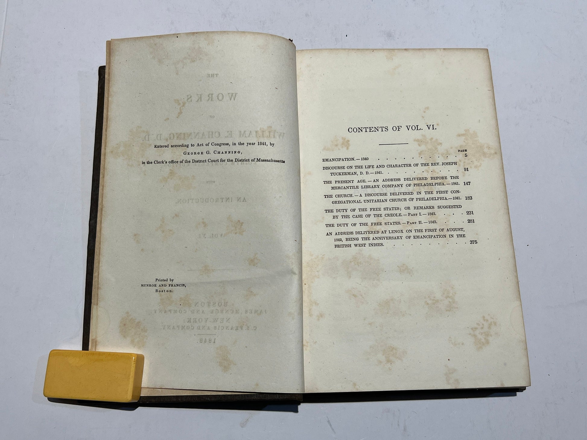 Channing's Works Vol. VI. | Works Of William E. Channing D.D. | 1849 Edition Abolitionist Slavery | Eighth Complete Edition