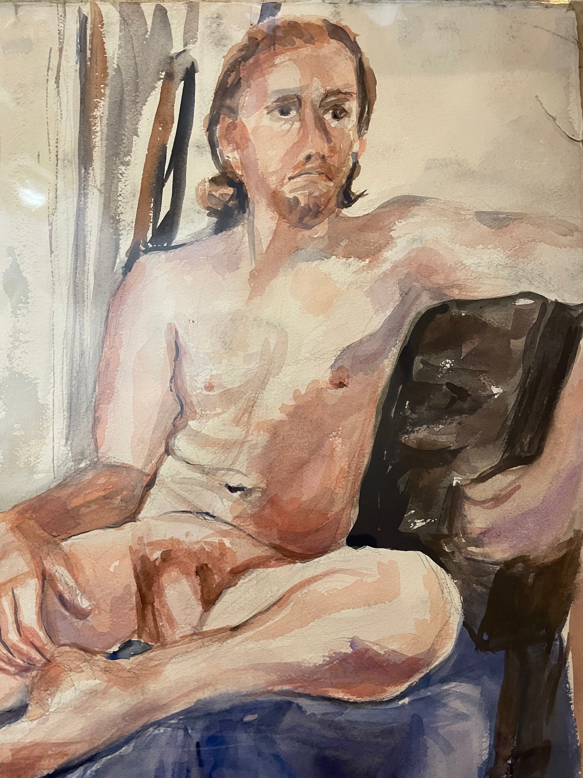 Early 80's Double Sided Male Nude Watercolor by Unidentified Artist