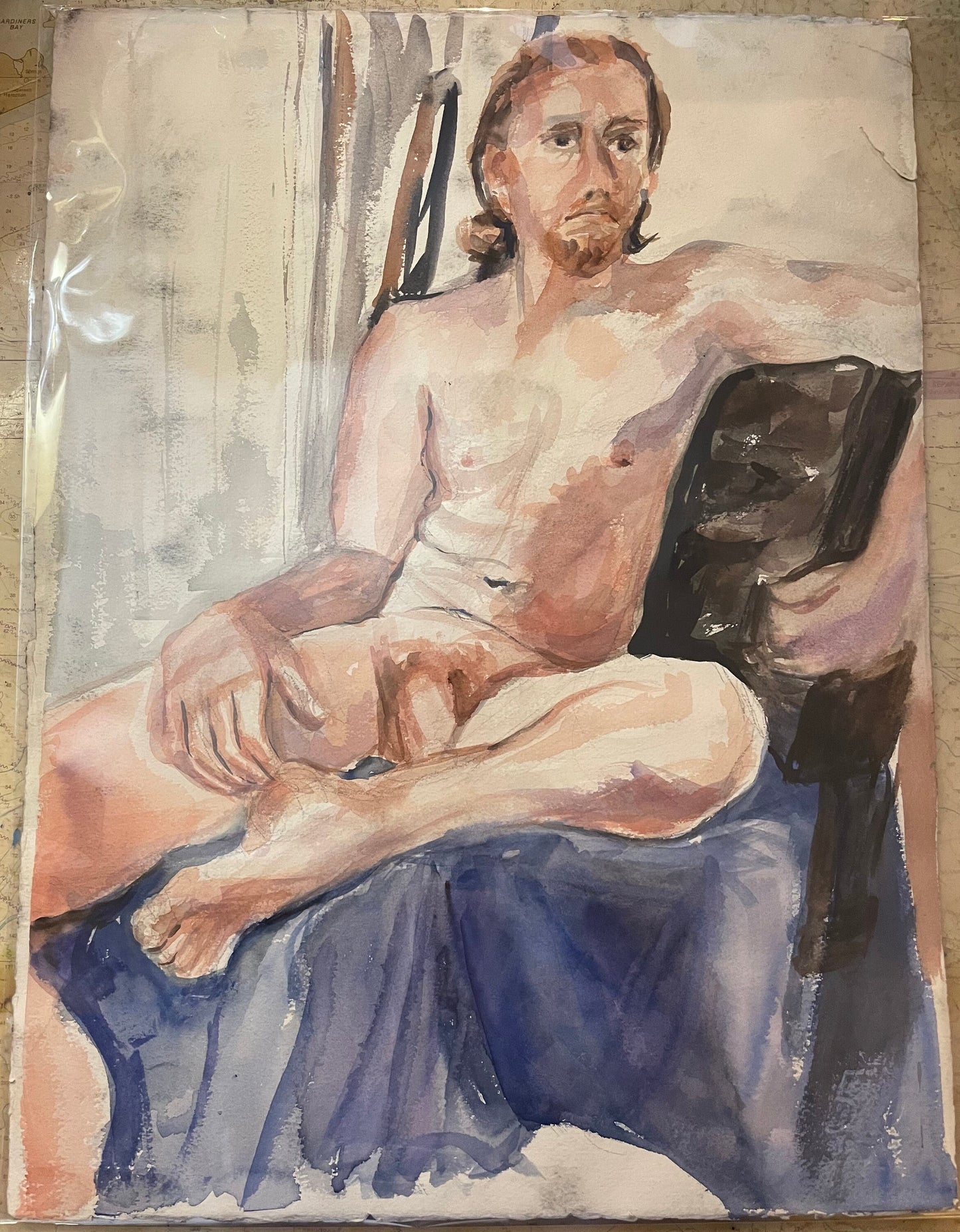 Early 80's Double Sided Male Nude Watercolor by Unidentified Artist