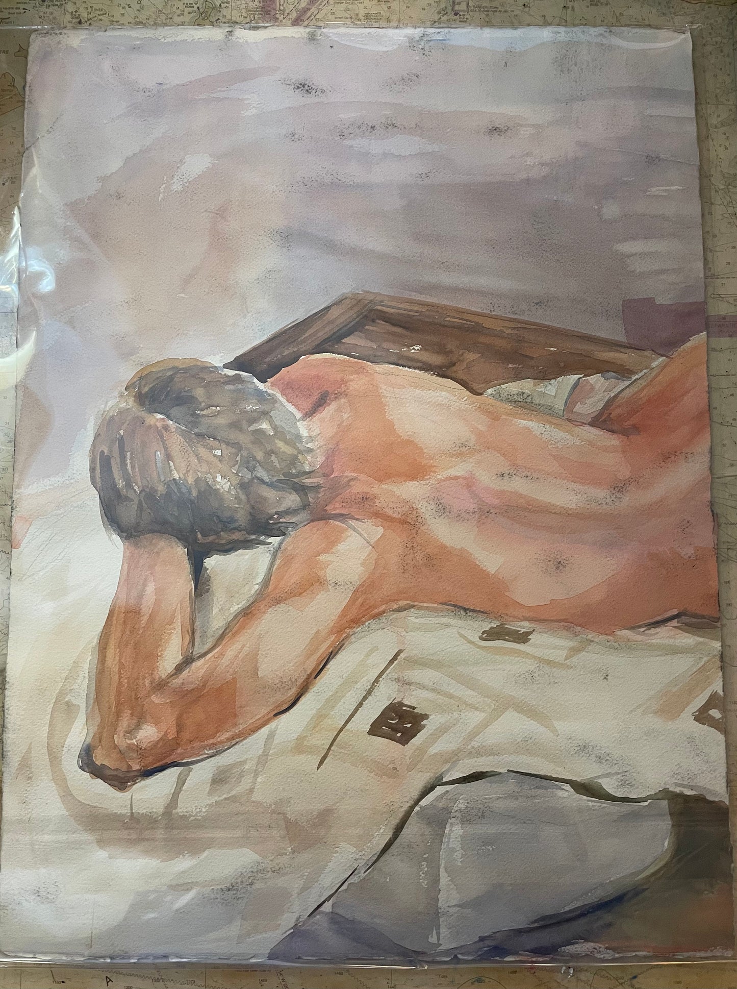 Early 80's Double Sided Male Nude Watercolor by Unidentified Artist