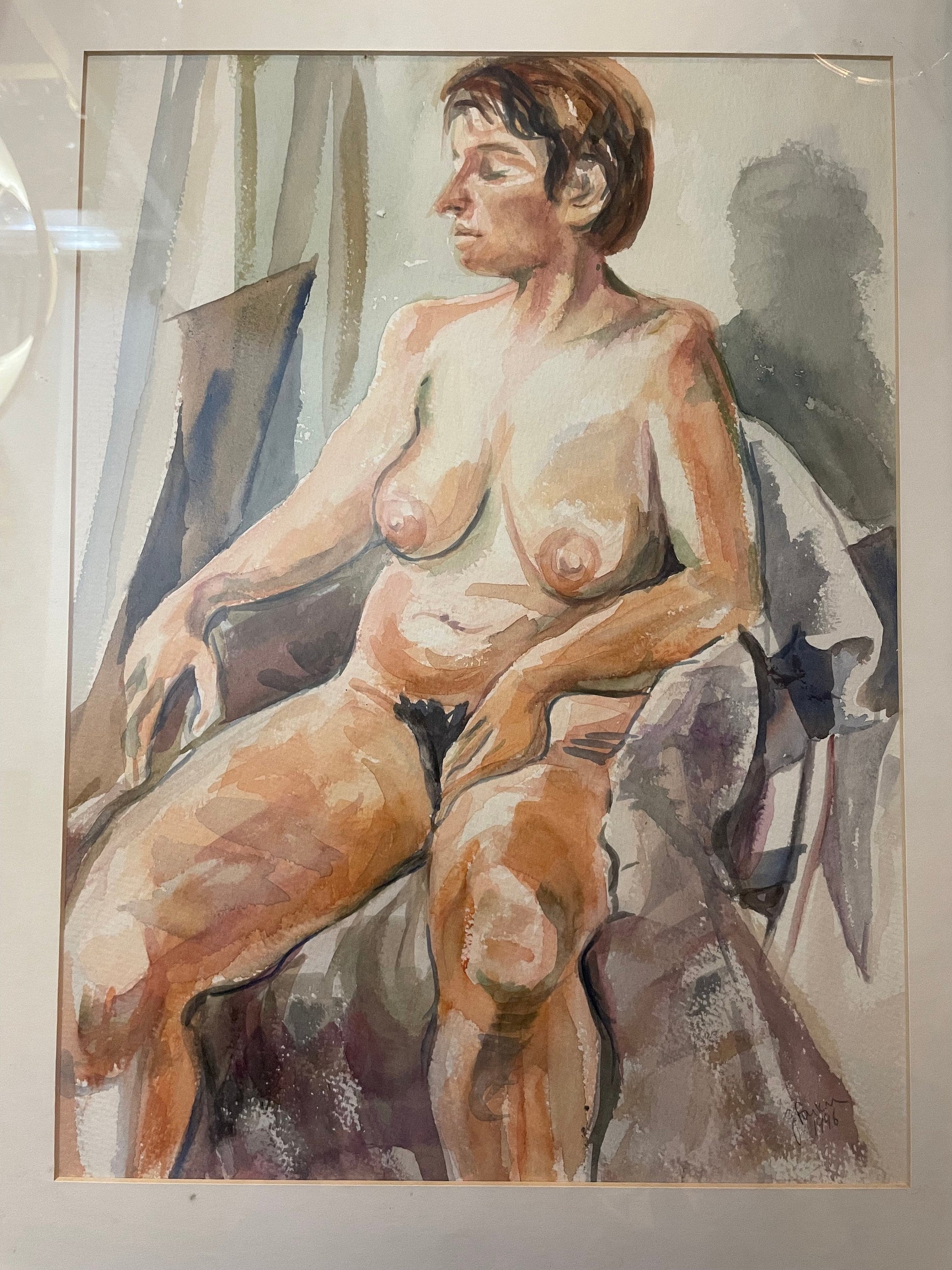 Framed Early 80's Female Nude Watercolor by Unidentified Artist