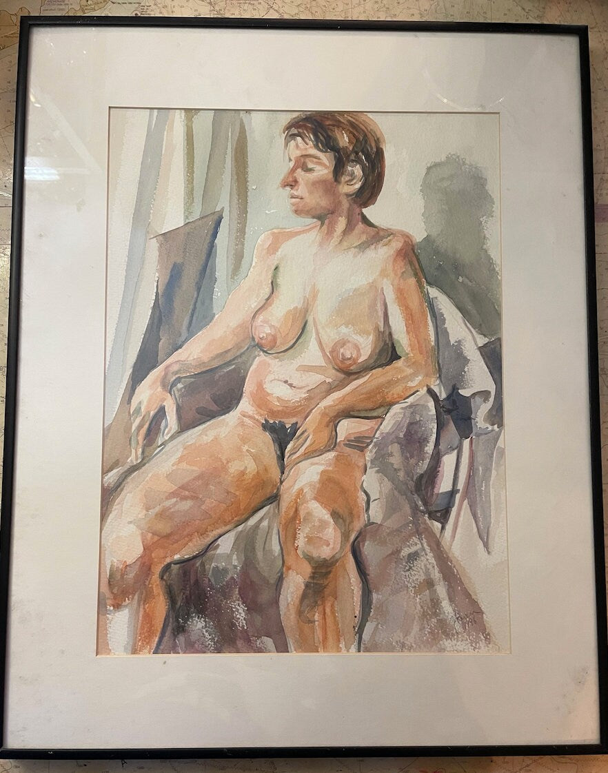 Framed Early 80's Female Nude Watercolor by Unidentified Artist