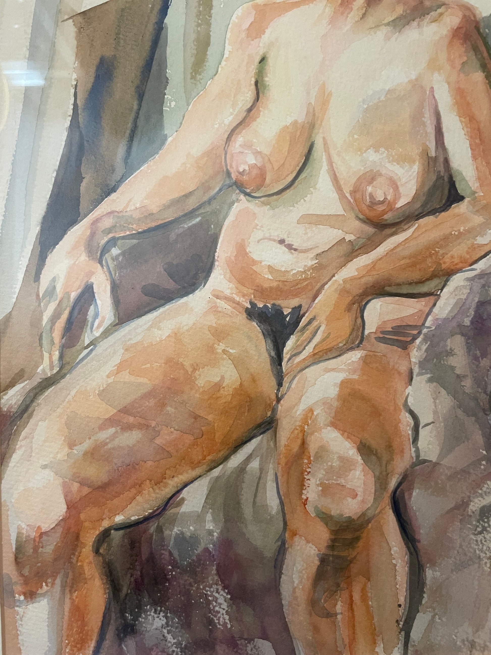 Framed Early 80's Female Nude Watercolor by Unidentified Artist