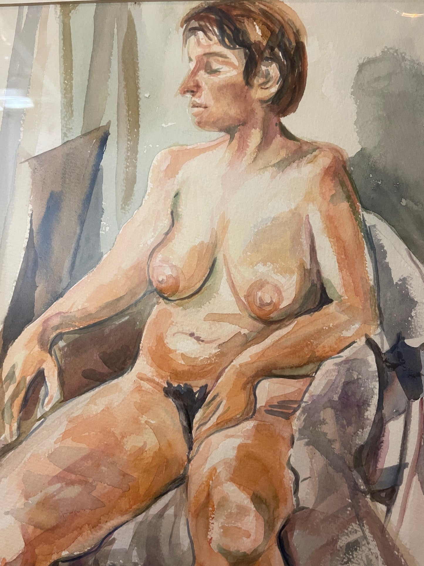 Framed Early 80's Female Nude Watercolor by Unidentified Artist