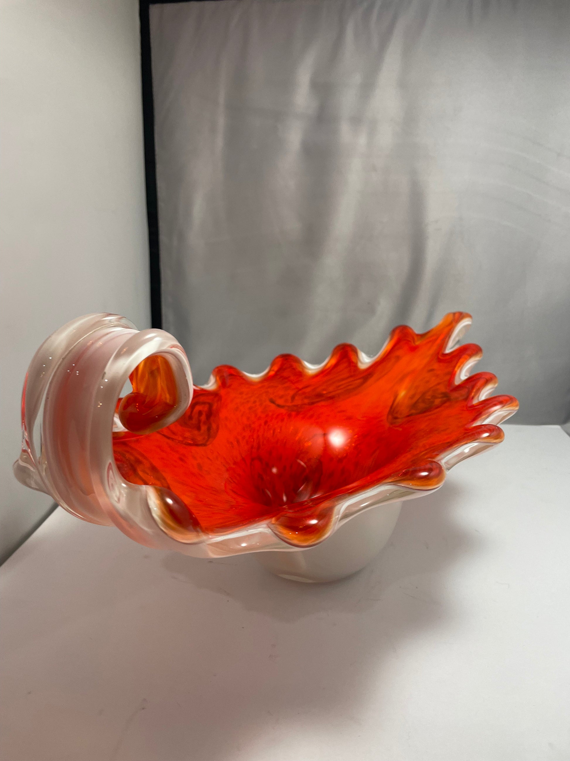 Fratelli Toso Venetian Mid Century Glass Vessel, Vibrant Orange,red & Swirls of Gold Dust - - Murano Dish Italian Glass - On Sale