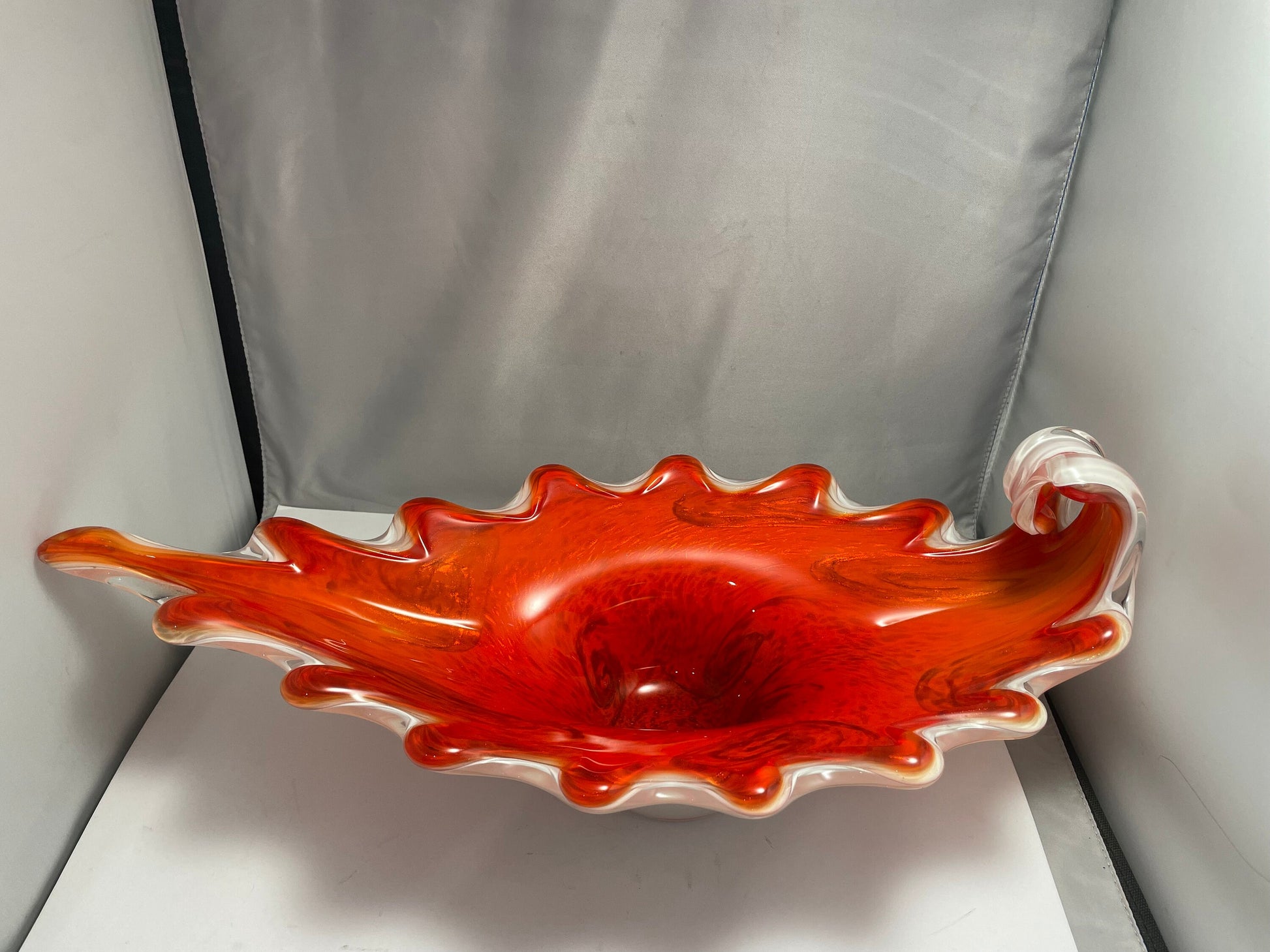 Fratelli Toso Venetian Mid Century Glass Vessel, Vibrant Orange,red & Swirls of Gold Dust - - Murano Dish Italian Glass - On Sale