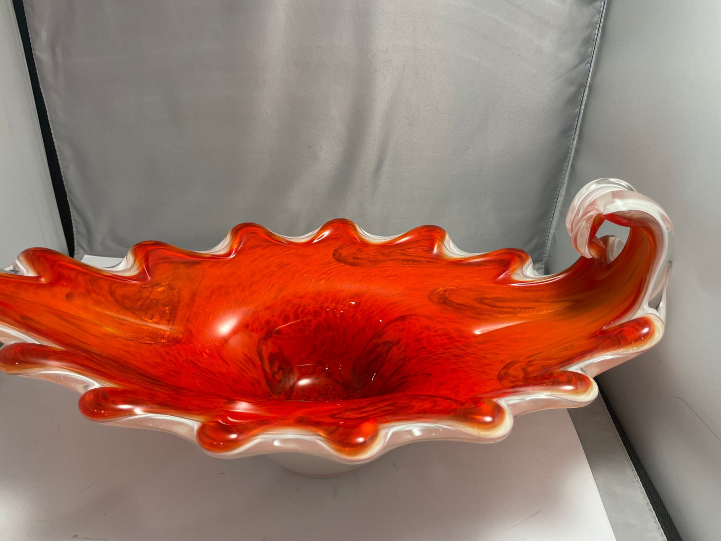 Fratelli Toso Venetian Mid Century Glass Vessel, Vibrant Orange,red & Swirls of Gold Dust - - Murano Dish Italian Glass - On Sale