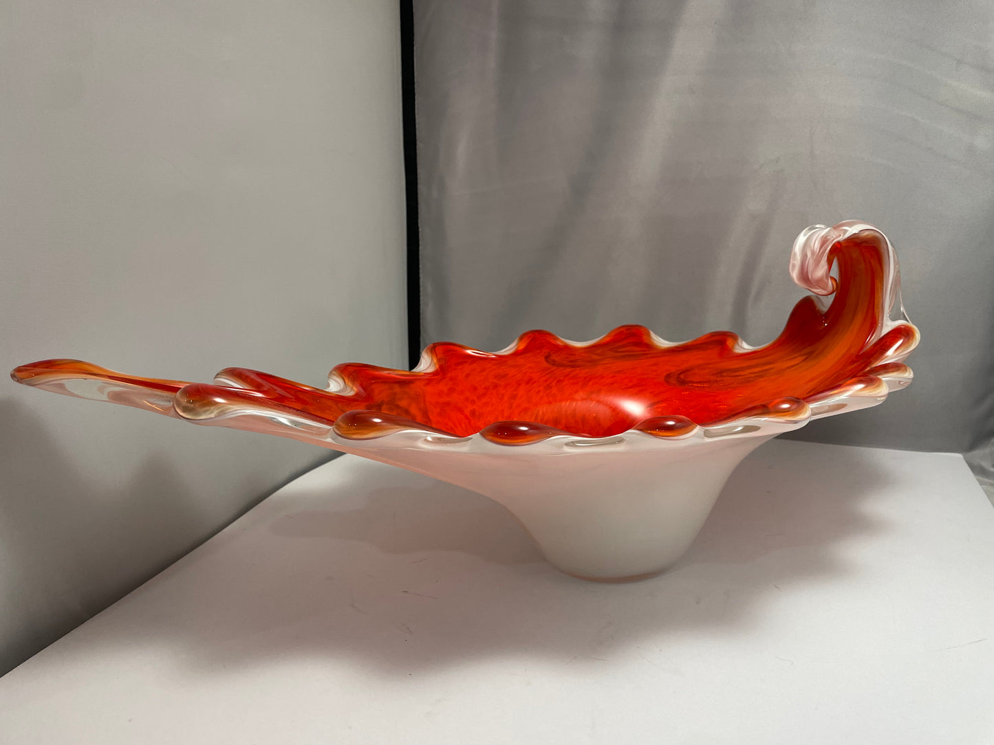 Fratelli Toso Venetian Mid Century Glass Vessel, Vibrant Orange,red & Swirls of Gold Dust - - Murano Dish Italian Glass - On Sale