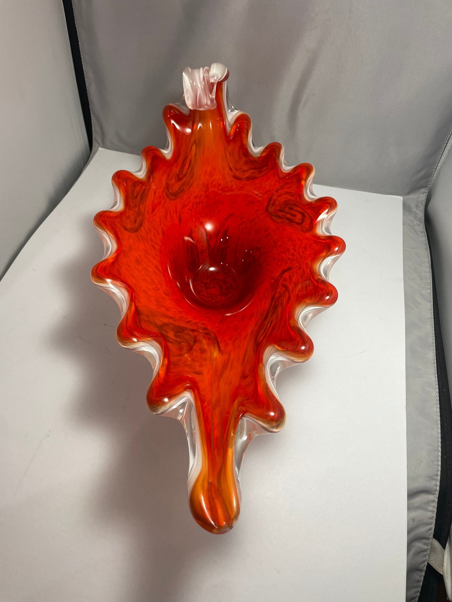 Fratelli Toso Venetian Mid Century Glass Vessel, Vibrant Orange,red & Swirls of Gold Dust - - Murano Dish Italian Glass - On Sale